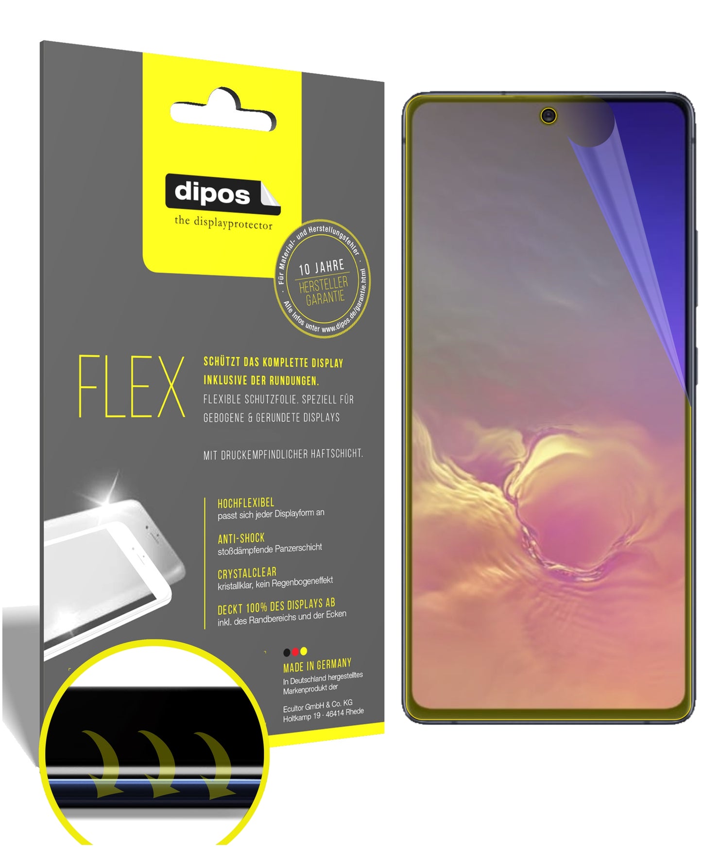 Klare Displayschutzfolie von dipos passend für Samsung Galaxy S10 Lite, 100% Displayabdeckung und blasenfreie Montage