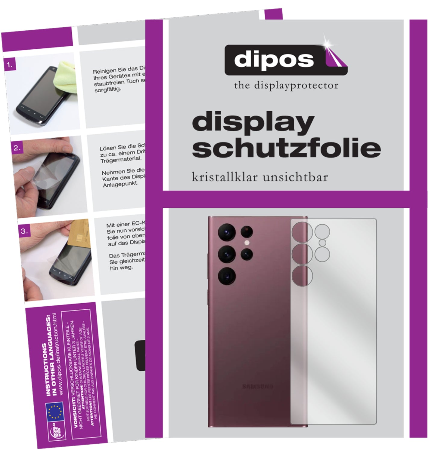 1x Schutzfolie klar für Samsung Galaxy S22 Ultra Rückseite Display-Schutzfolie