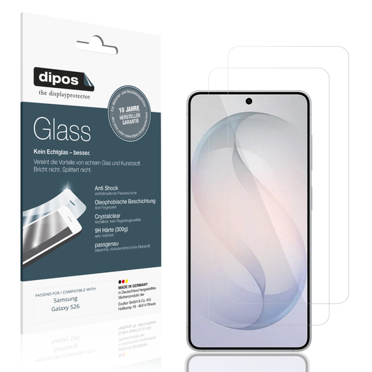 Klare Displayschutzfolie von dipos passend für Samsung Galaxy S26, 9H kratzfest und blasenfrei montiert
