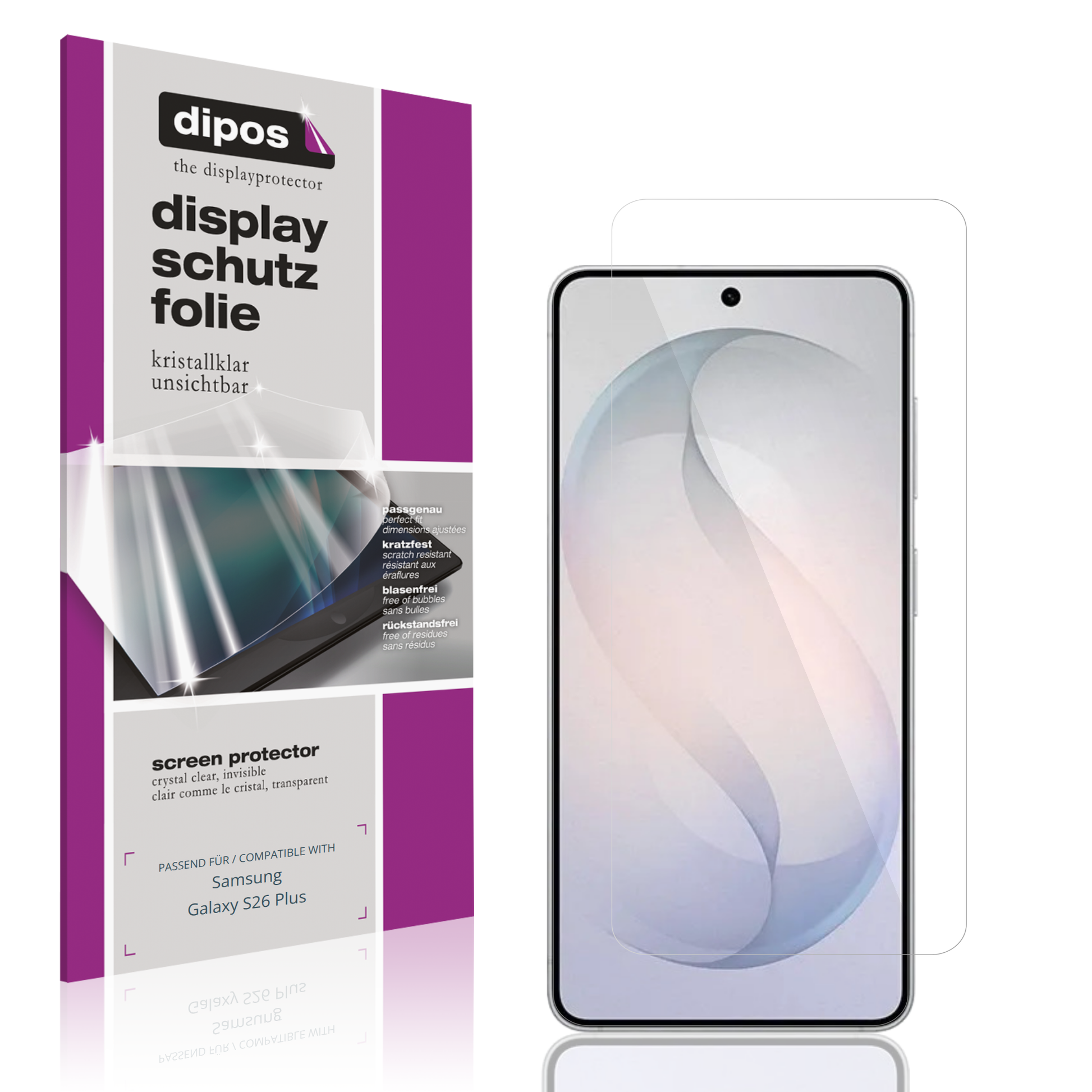 Klare Displayschutzfolie von dipos passend für Samsung Galaxy S26 Plus, präziser Zuschnitt und blasenfrei montiert