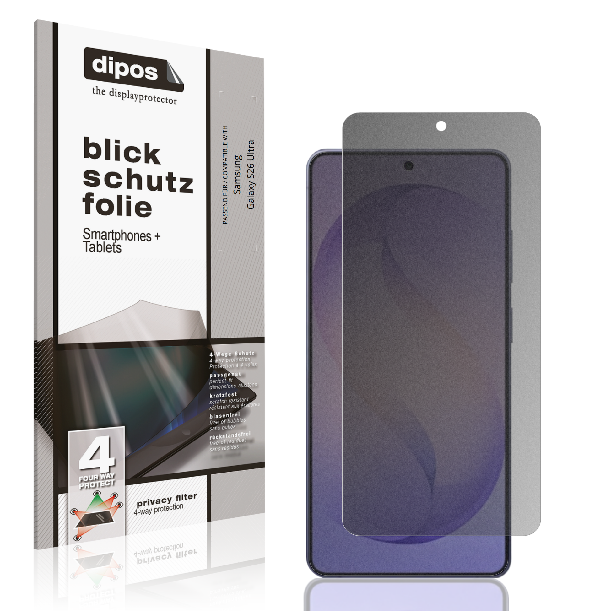 Blickschutzfolie von dipos passend für Samsung Galaxy S26 Ultra, präziser Zuschnitt und blasenfrei montiert