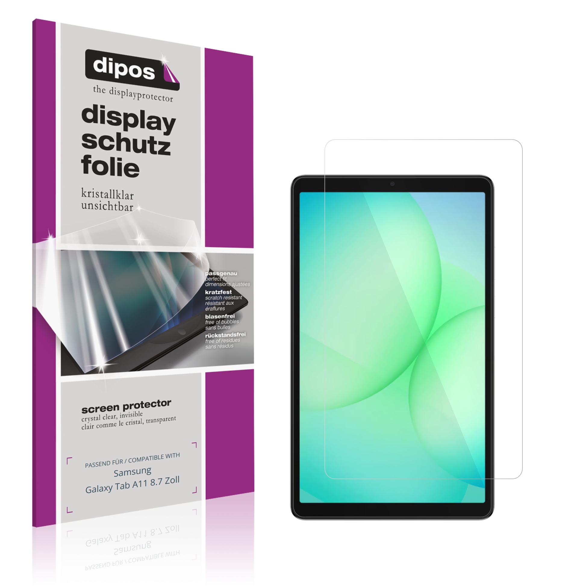 Klare Displayschutzfolie von dipos passend für samsunggalaxy tab a11 8.7 zoll, präziser Zuschnitt und blasenfrei montiert