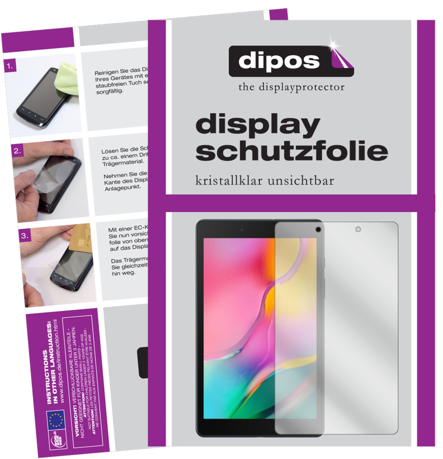 Klare Displayschutzfolie von dipos passend für Samsung Galaxy Tab A 8.0 (2019), präziser Zuschnitt und blasenfrei montiert