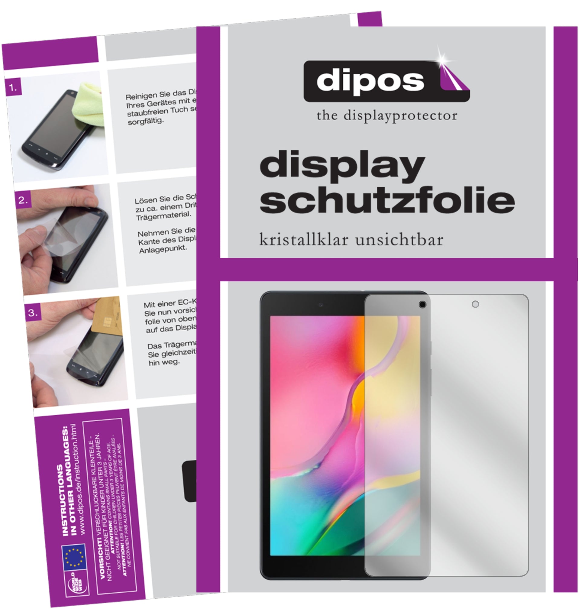 Klare Displayschutzfolie von dipos passend für Samsung Galaxy Tab A 8.0 (2019), präziser Zuschnitt und blasenfrei montiert