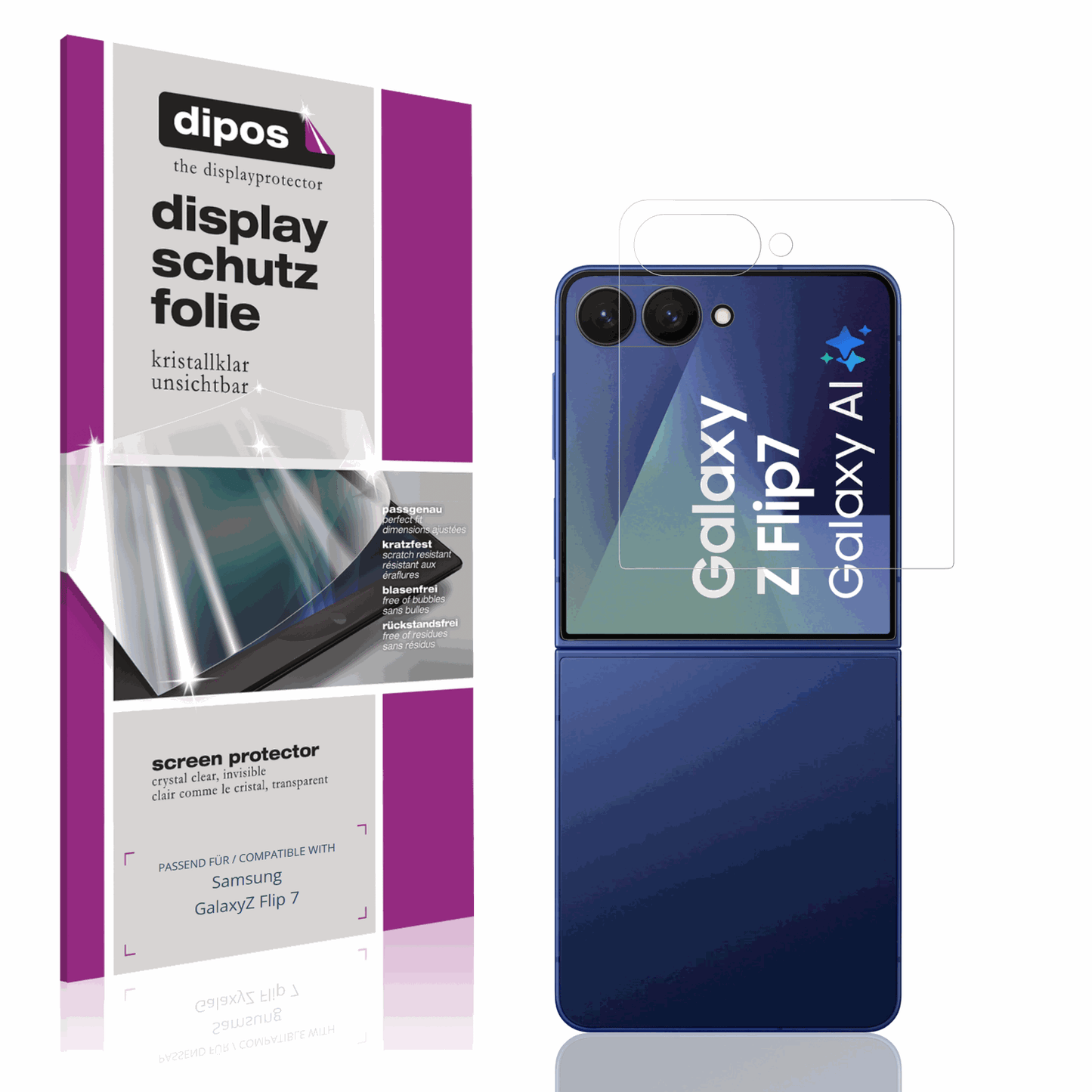 SamsungGalaxy Z Flip7 Aussenseite mit aufgebrachter dipos Displayschutzfolie, glasklare Darstellung ohne Einschränkungen