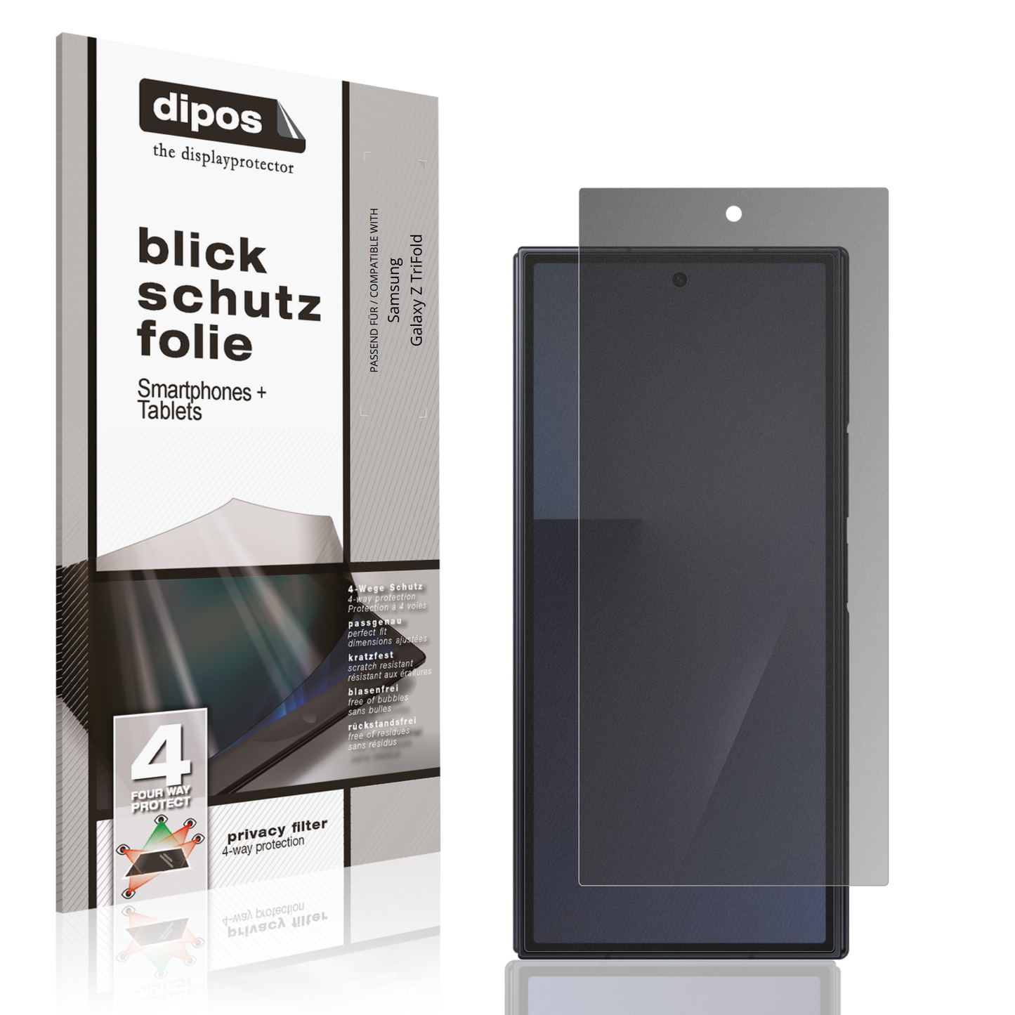 Blickschutzfolie von dipos passend für Samsung Galaxy Z TriFold Aussenseite, präziser Zuschnitt und blasenfrei montiert