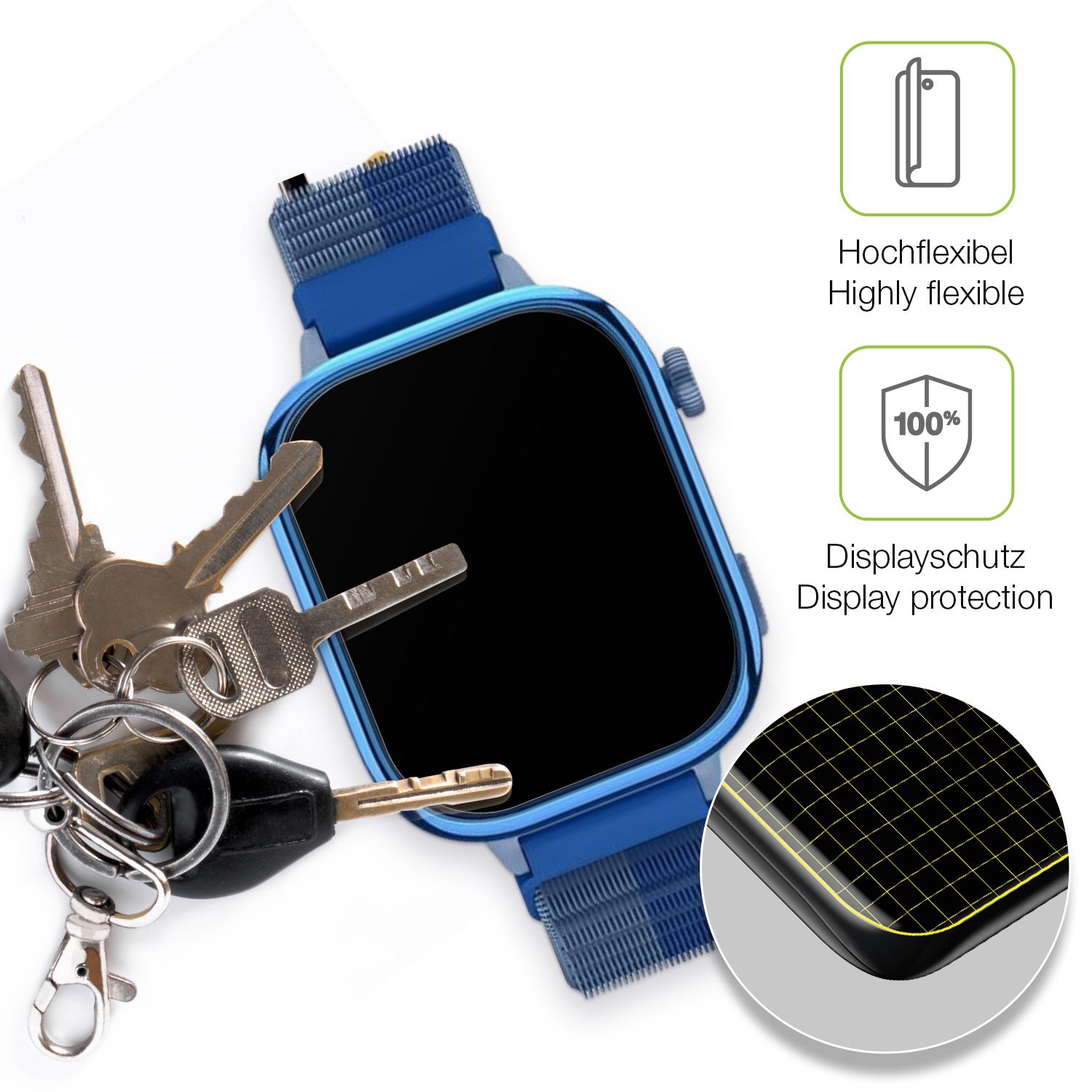 dipos Displayschutz für Sanorum T40 4G Smartwatch, transparente Oberfläche, perfekte Passform auch für die Rundungen