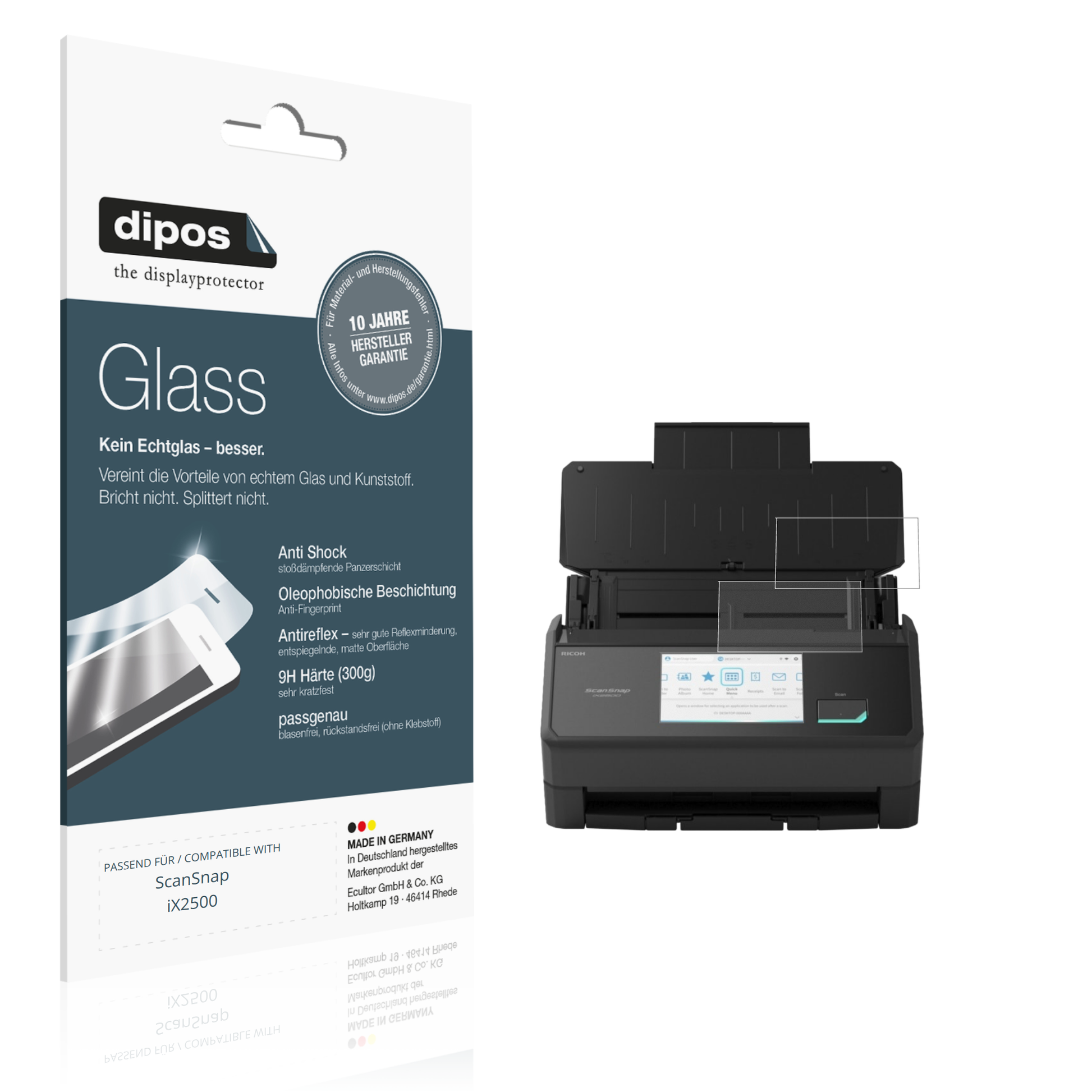 Matte Displayschutzfolie von dipos passend für ScanSnap iX2500, 9H kratzfest und blasenfrei montiert