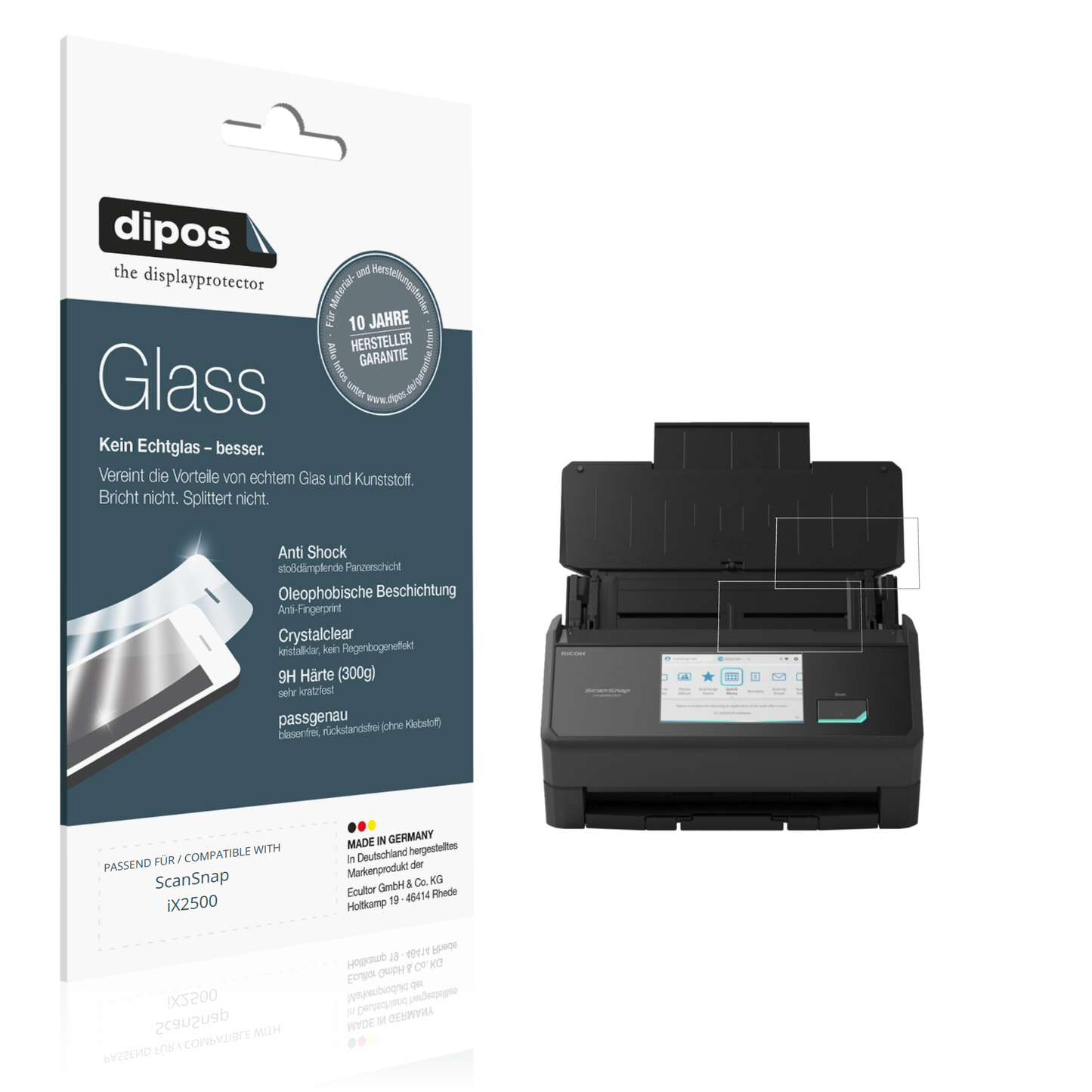 Klare Displayschutzfolie von dipos passend für ScanSnap iX2500, 9H kratzfest und blasenfrei montiert