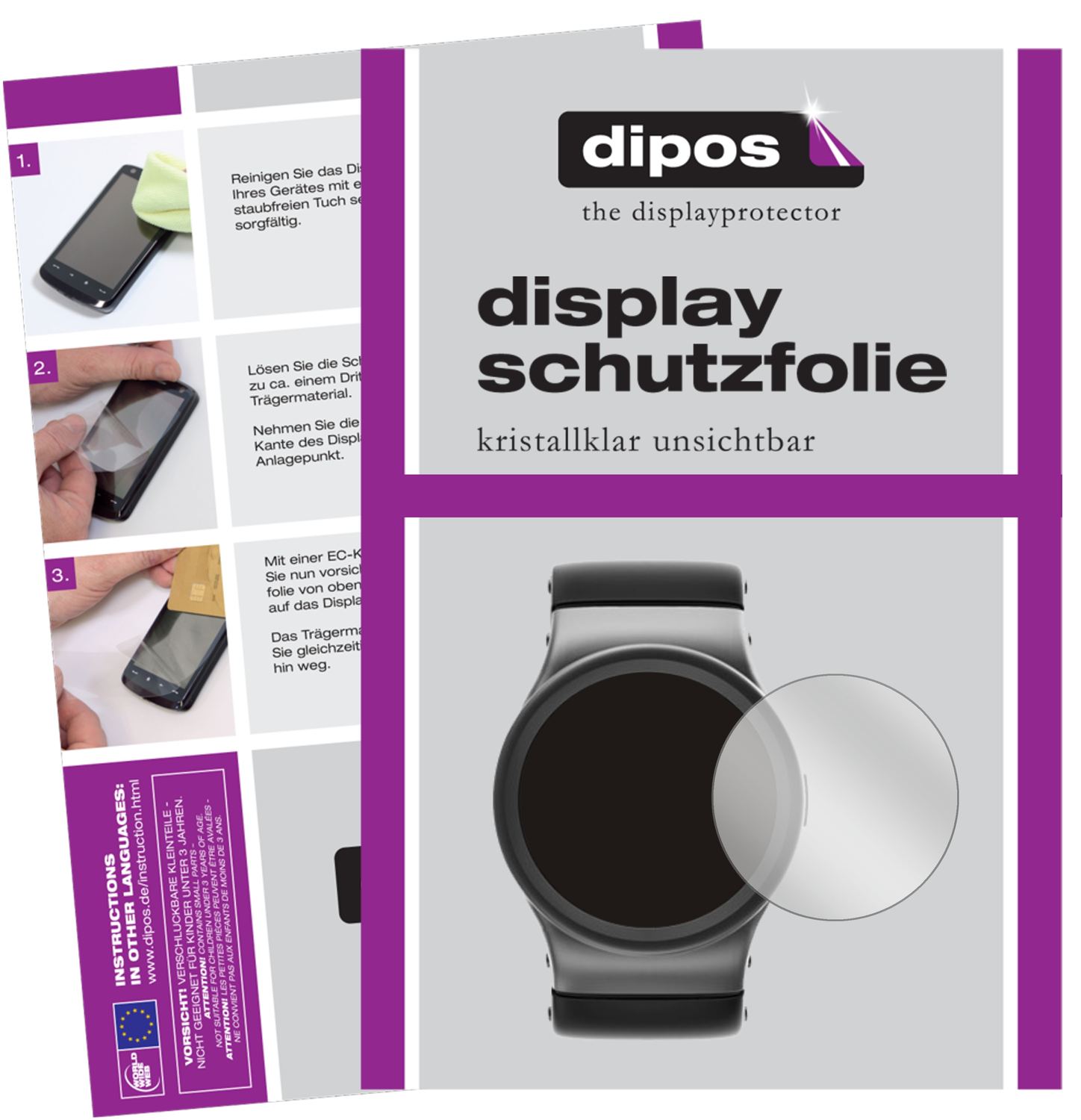 Klare Displayschutzfolie von dipos passend für 35 mm Durchmesser Uhr, präziser Zuschnitt und blasenfrei montiert