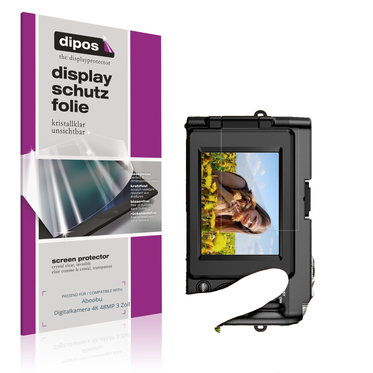 Klare Displayschutzfolie von dipos passend für Aboobu Digitalkamera 4K 48MP 3 Zoll, präziser Zuschnitt und blasenfrei montiert
