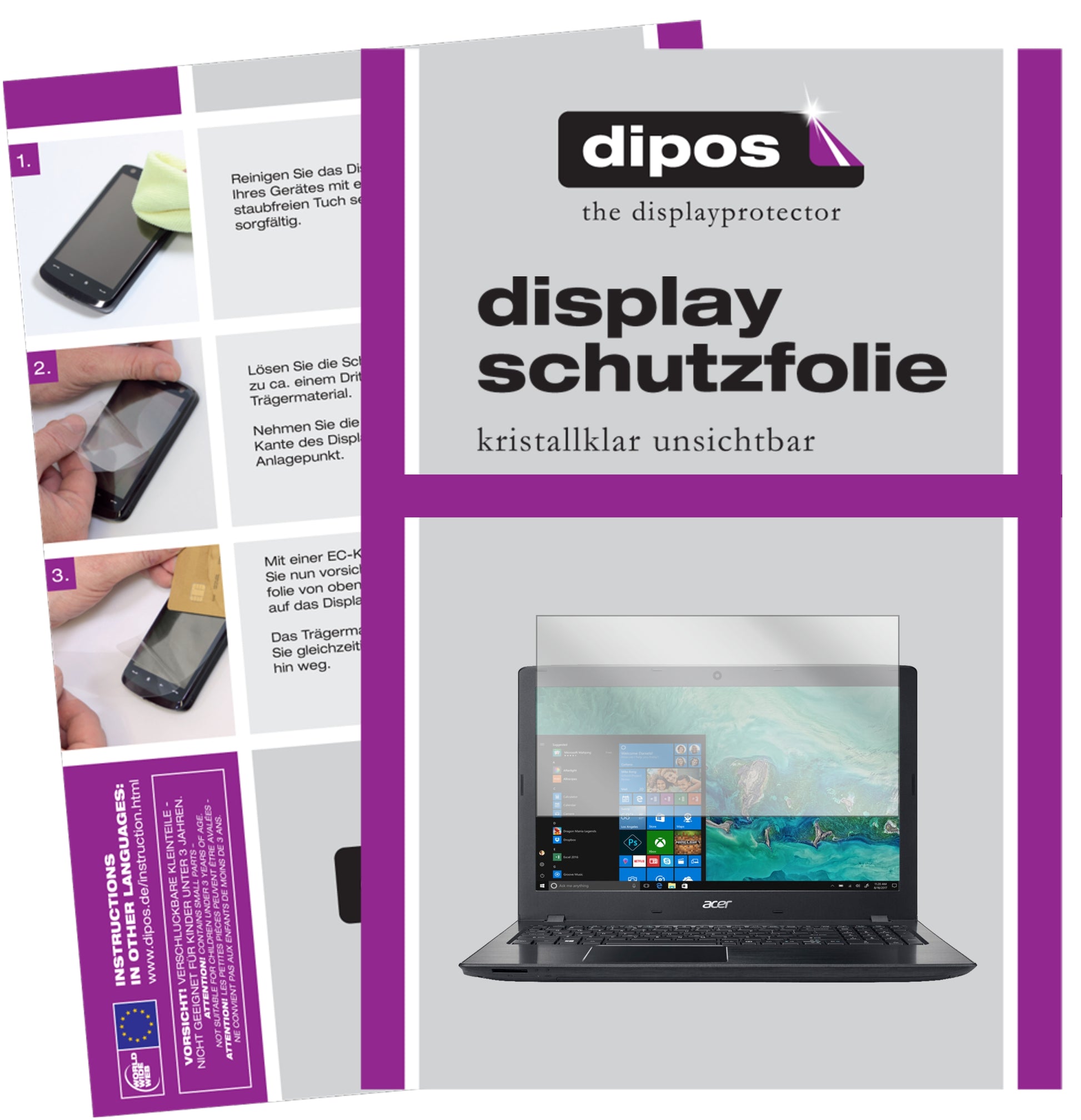 Klare Displayschutzfolie von dipos passend für Acer Aspire ES 15, präziser Zuschnitt und blasenfrei montiert