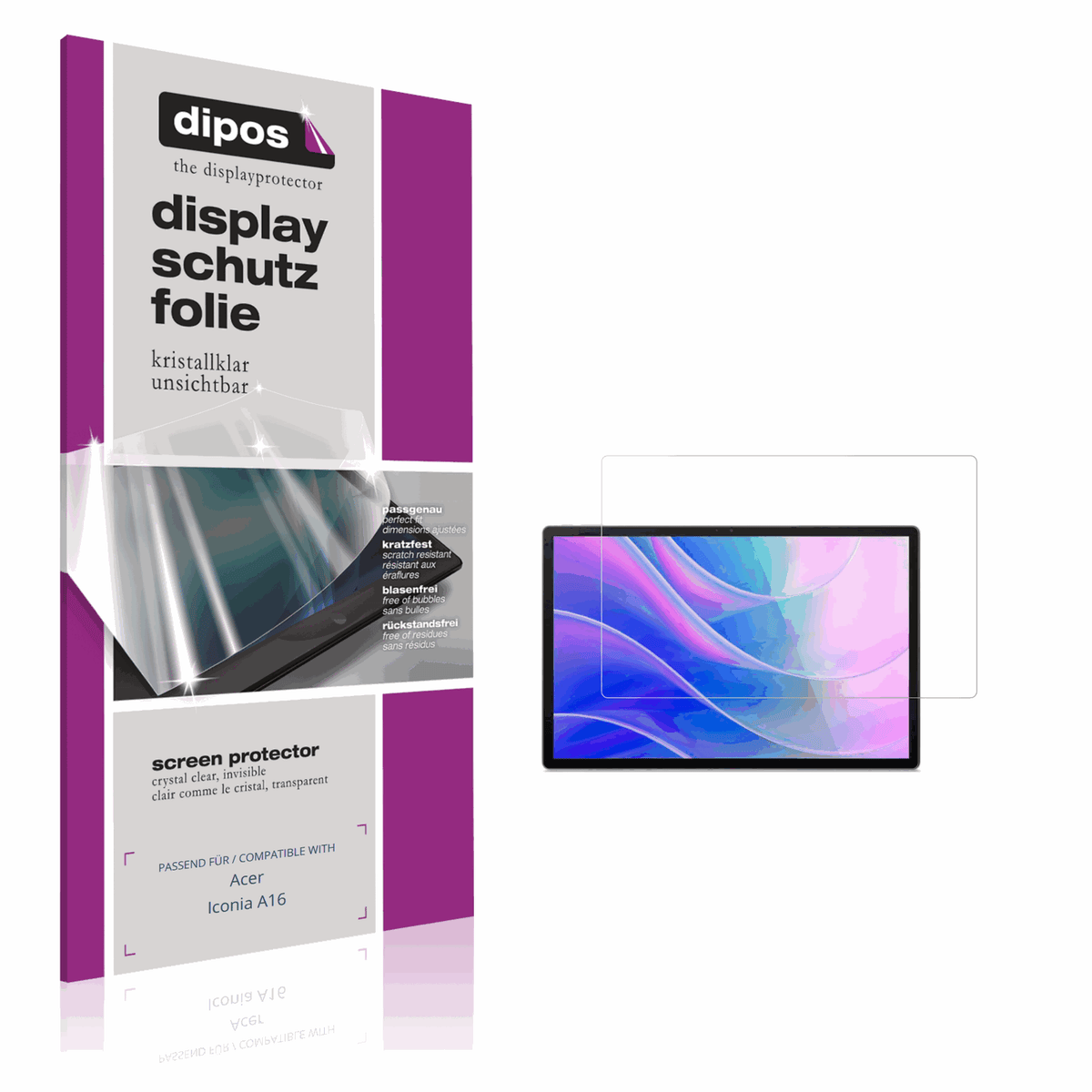Klare Displayschutzfolie von dipos passend für Acer Iconia A16, präziser Zuschnitt und blasenfrei montiert