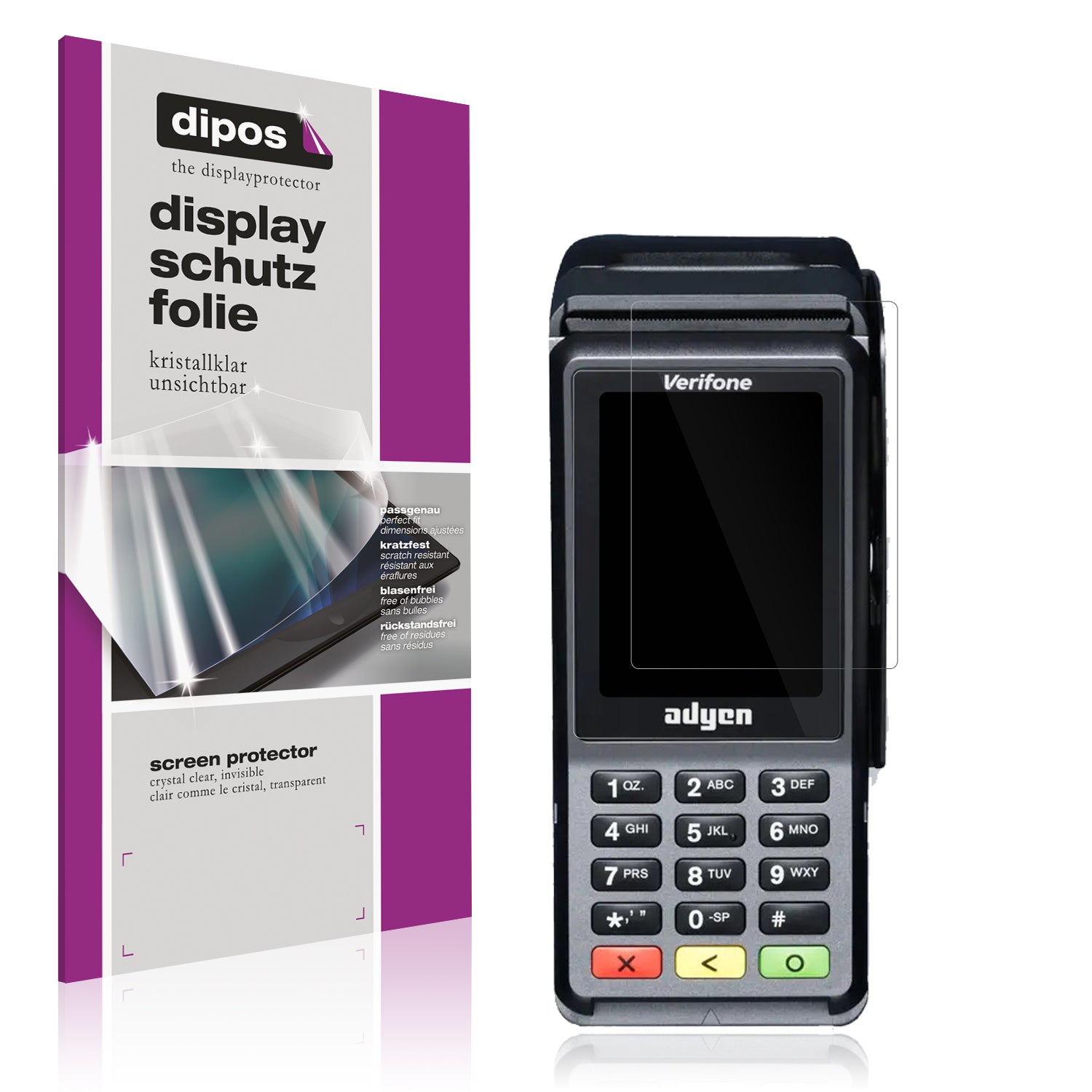 Klare Displayschutzfolie von dipos passend für Adyen V400c Plus, präziser Zuschnitt und blasenfrei montiert