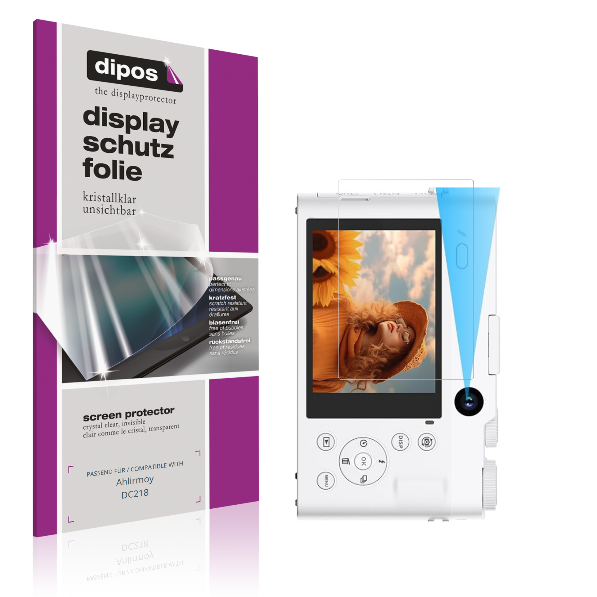 Klare Displayschutzfolie von dipos passend für Ahlirmoy DC218, präziser Zuschnitt und blasenfrei montiert