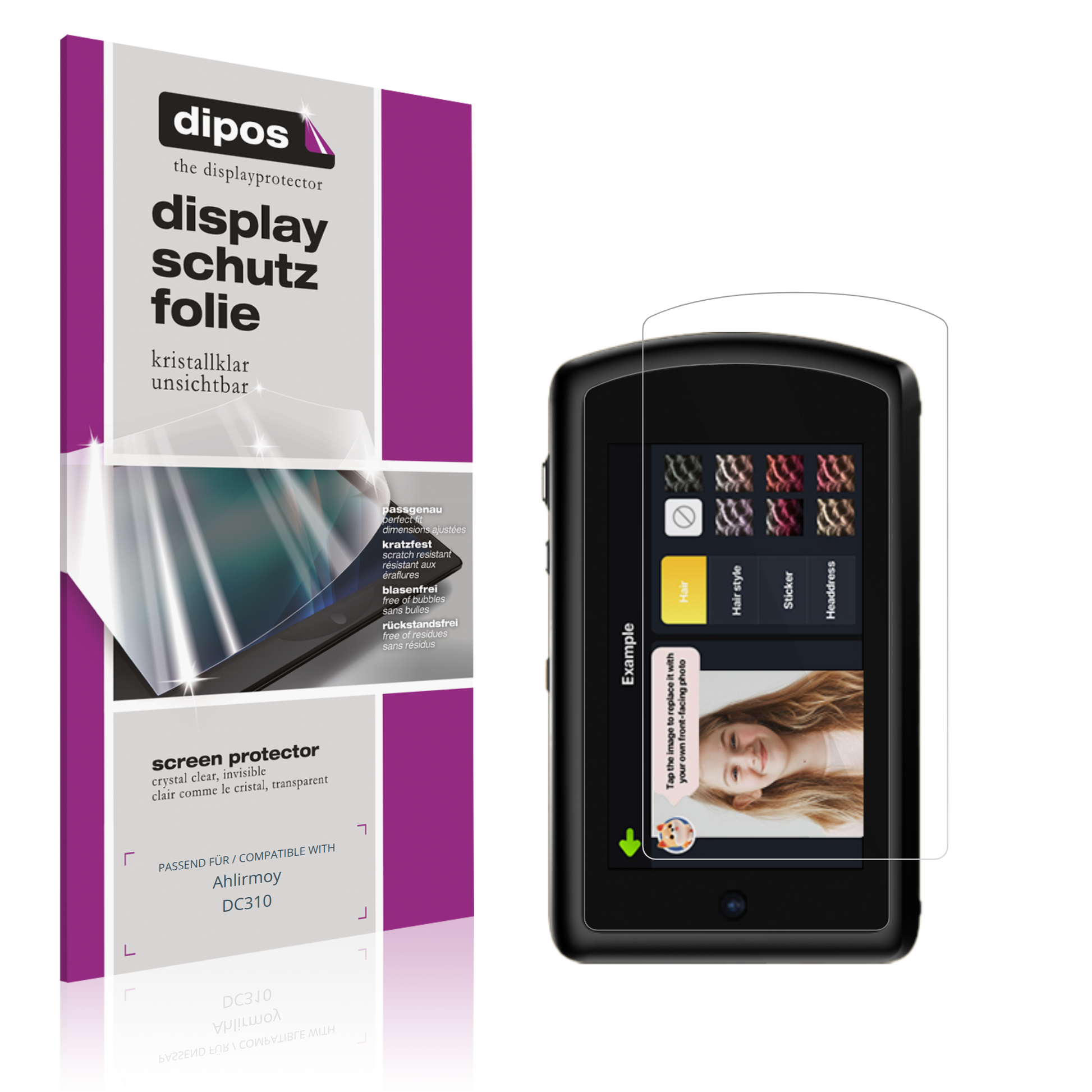 Klare Displayschutzfolie von dipos passend für Ahlirmoy DC310, präziser Zuschnitt und blasenfrei montiert