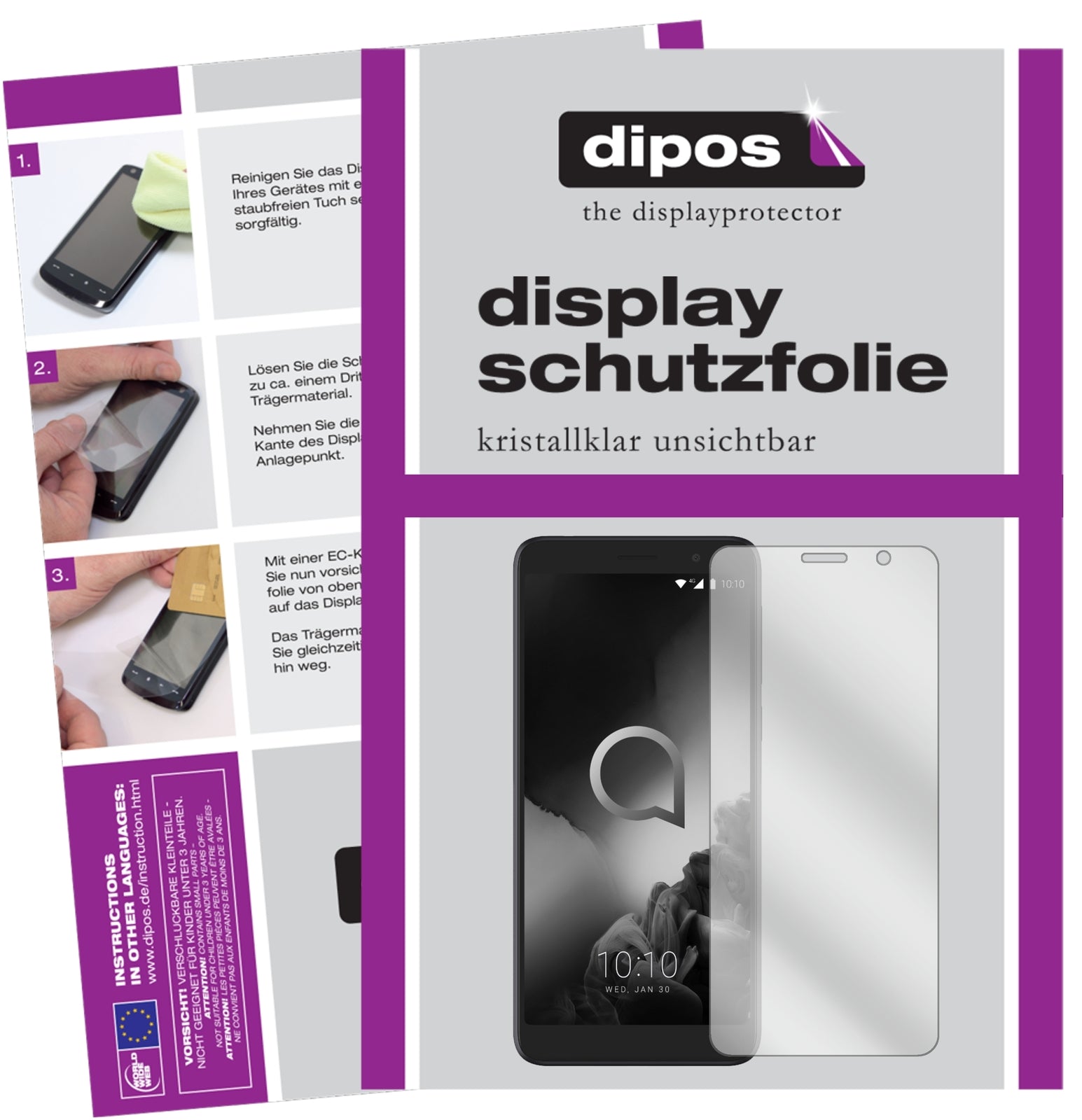 Klare Displayschutzfolie von dipos passend für Alcatel 1X (2019), präziser Zuschnitt und blasenfrei montiert