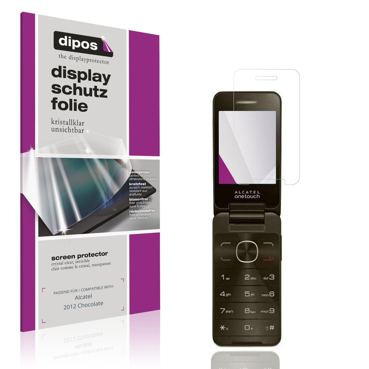 Klare Displayschutzfolie von dipos passend für Alcatel 2012 Chocolate, präziser Zuschnitt und blasenfrei montiert