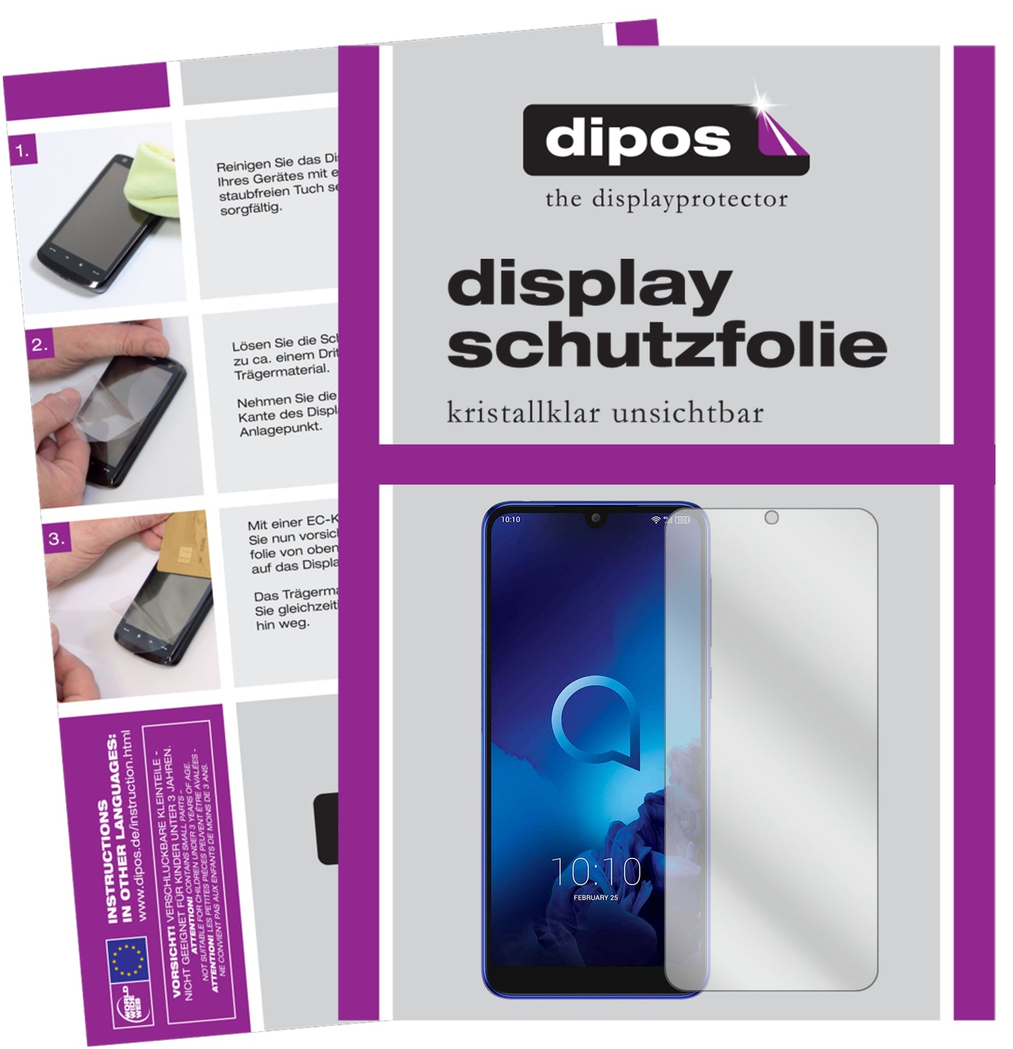 Klare Displayschutzfolie von dipos passend für Alcatel 3 (2019), präziser Zuschnitt und blasenfrei montiert