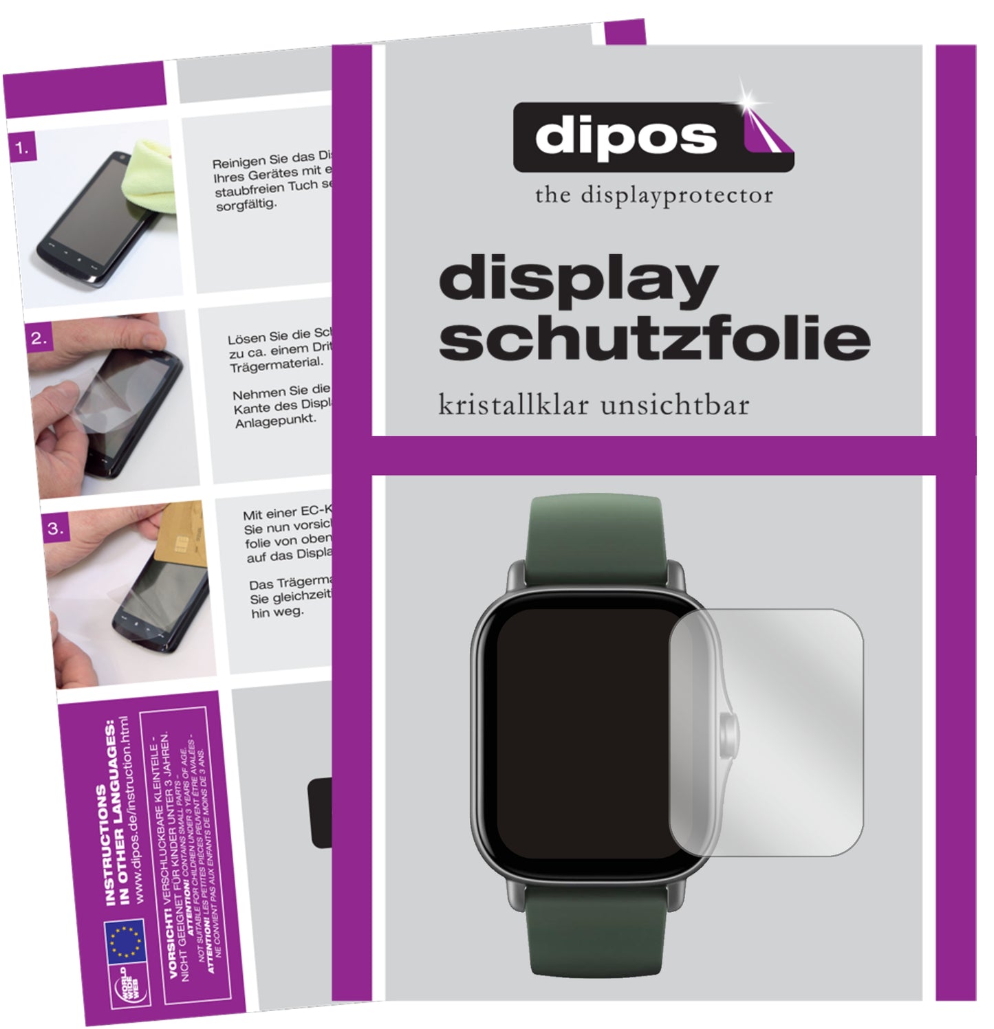 Klare Displayschutzfolie von dipos passend für Amazfit GTR 2e, präziser Zuschnitt und blasenfrei montiert