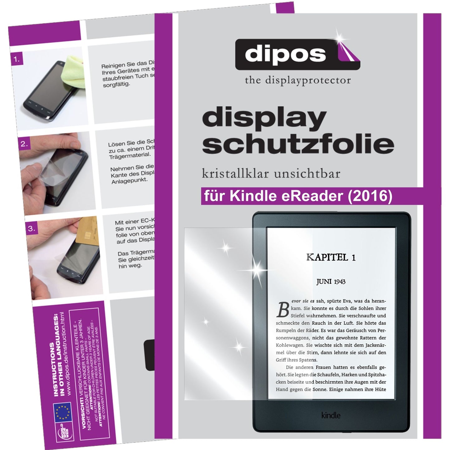 Klare Displayschutzfolie von dipos passend für Amazon Kinde eReader (2016), präziser Zuschnitt und blasenfrei montiert