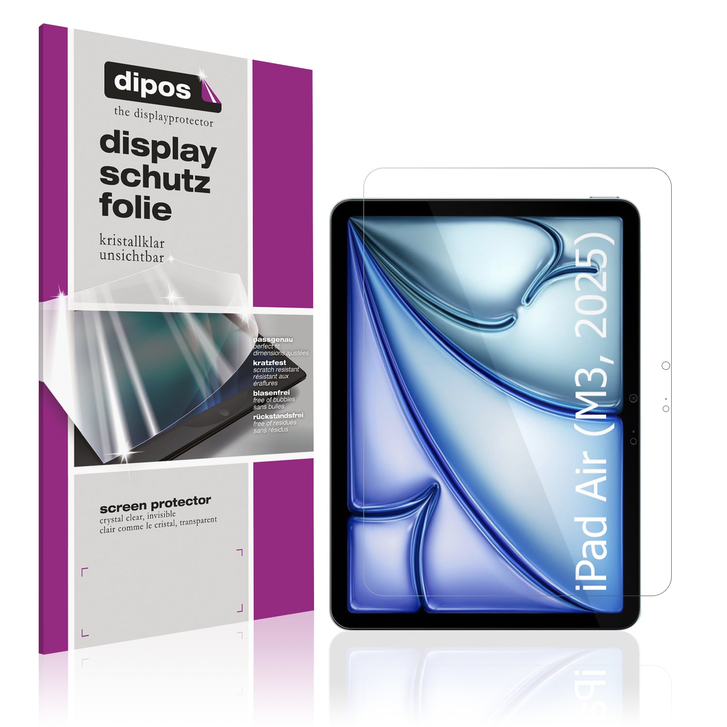 Klare Displayschutzfolie von dipos passend für Apple iPad Air 11 Zoll M3 7. Gen 2025, präziser Zuschnitt und blasenfrei montiert