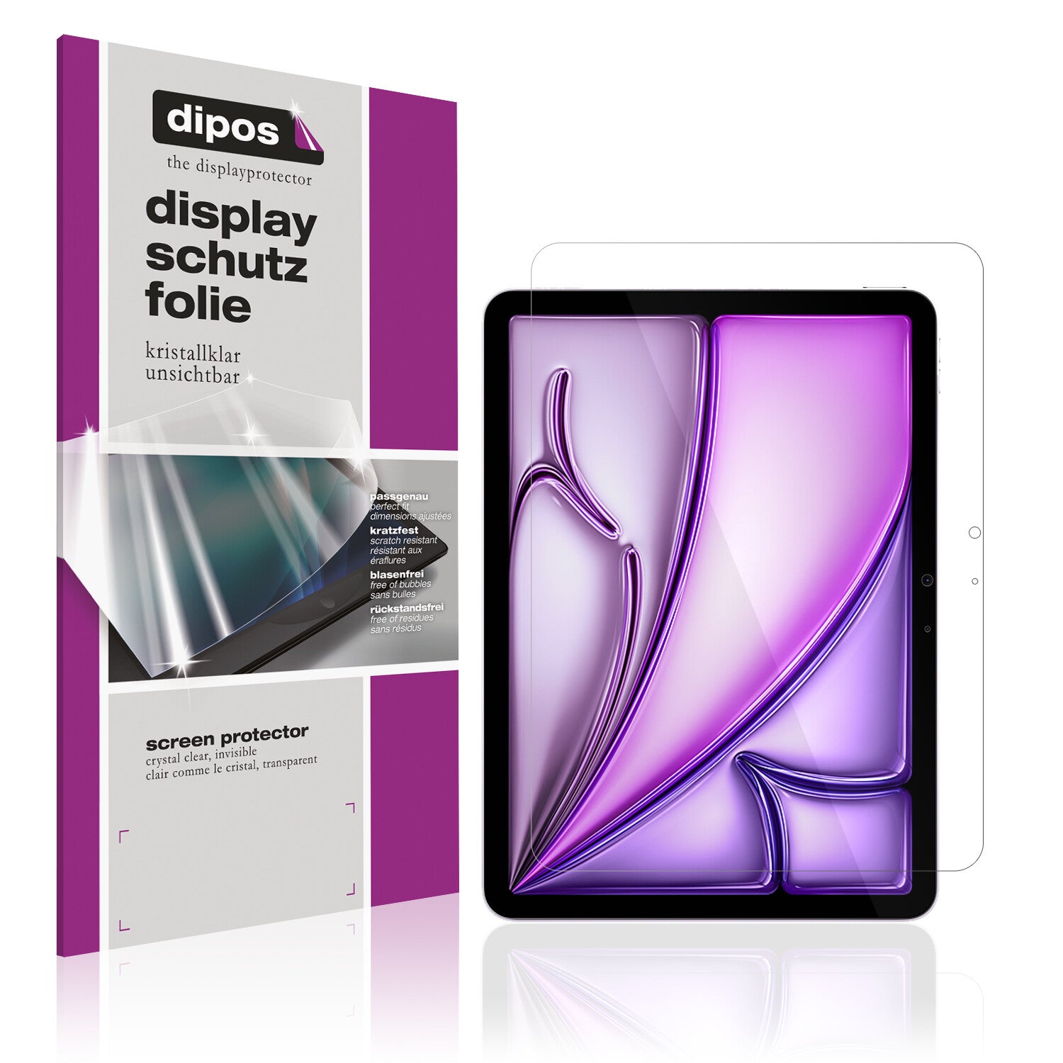Klare Displayschutzfolie von dipos passend für Apple iPad Air M2 11 Zoll, präziser Zuschnitt und blasenfrei montiert