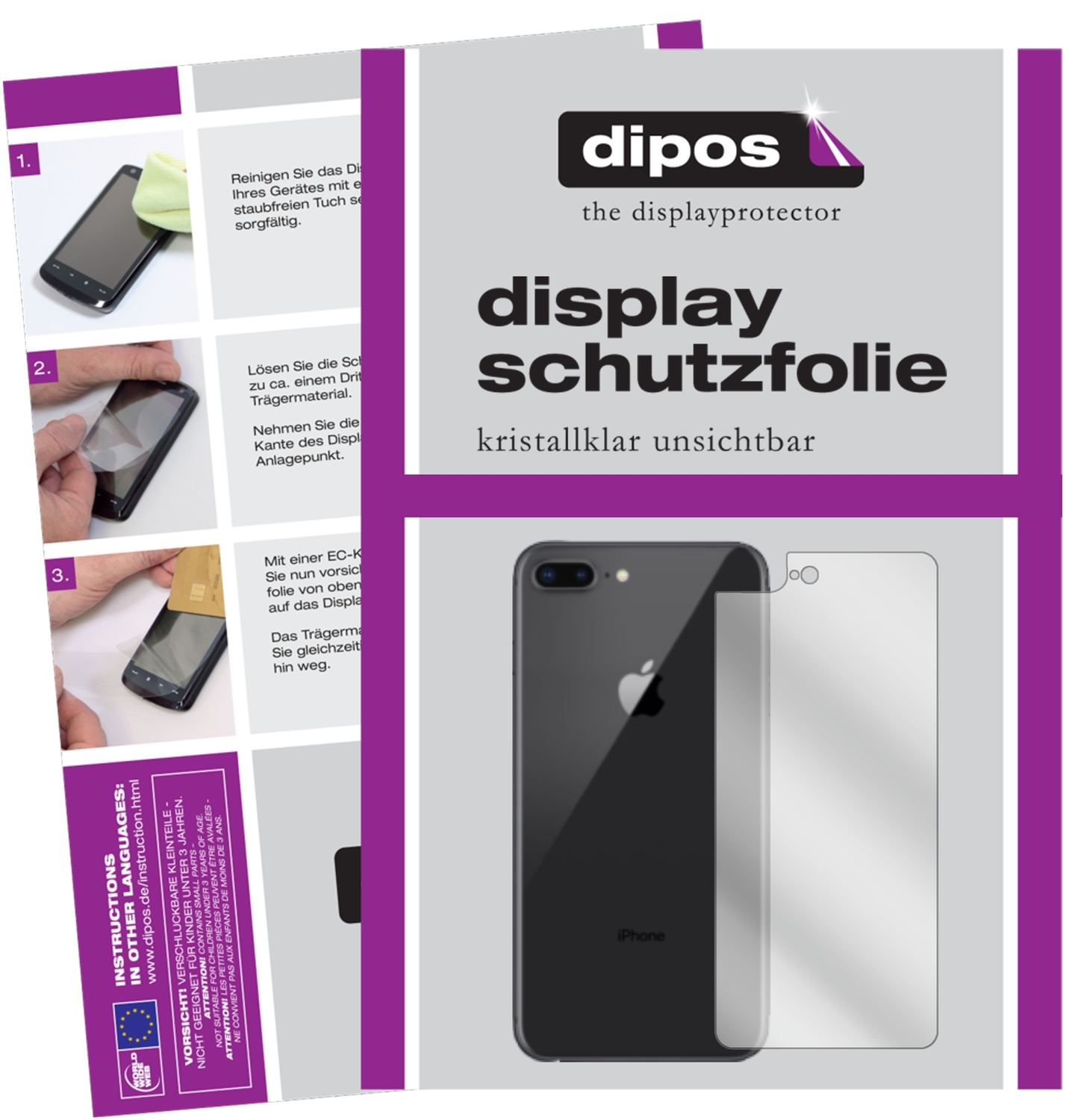 Klare Displayschutzfolie von dipos passend für Apple iPhone 8 Plus Rückseite, präziser Zuschnitt und blasenfrei montiert