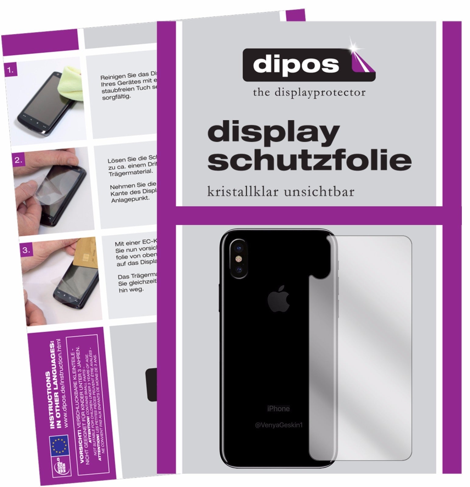 Klare Displayschutzfolie von dipos passend für Apple iPhone X Rückseite, präziser Zuschnitt und blasenfrei montiert