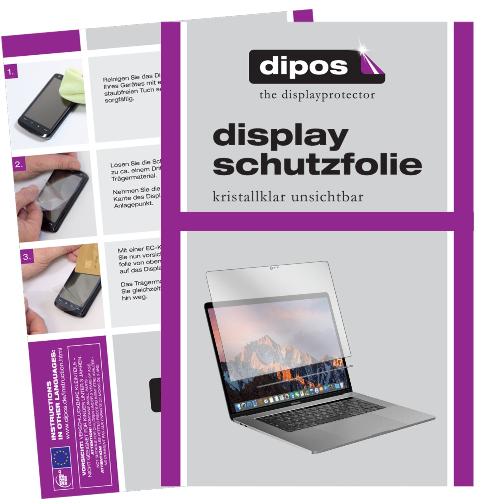 Klare Displayschutzfolie von dipos passend für Apple MacBook Pro 13 Zoll (2019) Touchbar, präziser Zuschnitt und blasenfrei montiert