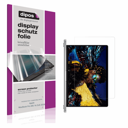 Klare Displayschutzfolie von dipos passend für Apple MacBook Pro M5 16 Zoll 2026, präziser Zuschnitt und blasenfrei montiert