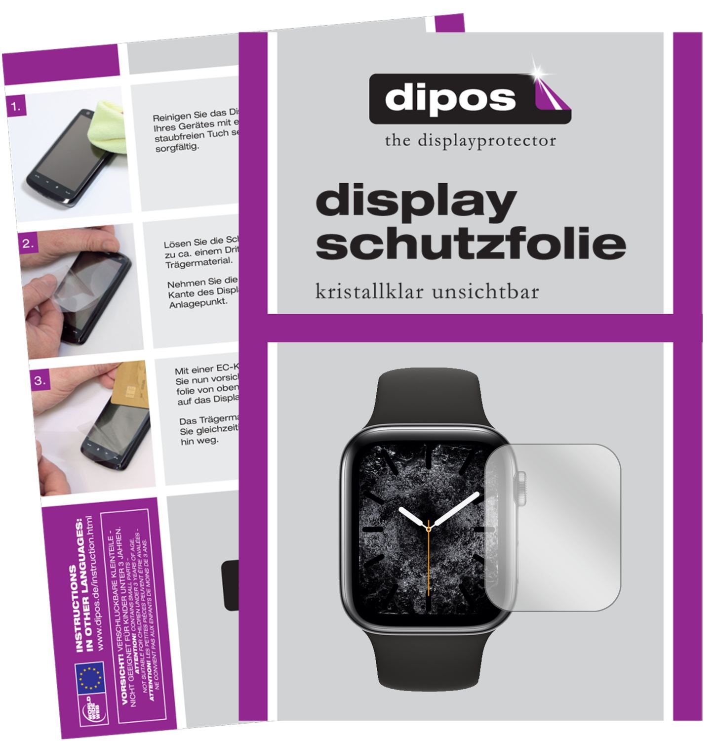 Klare Displayschutzfolie von dipos passend für Apple Watch Series 5 (40mm), präziser Zuschnitt und blasenfrei montiert