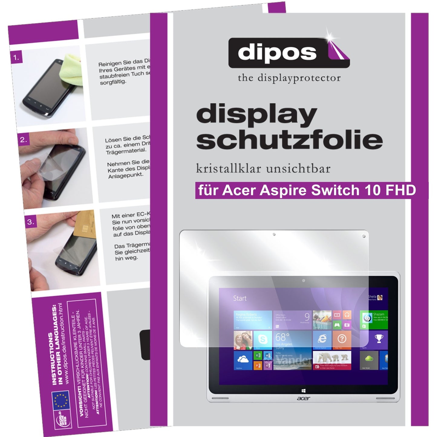 Klare Displayschutzfolie von dipos passend für Aspire Switch 10 FHD Acer, präziser Zuschnitt und blasenfrei montiert
