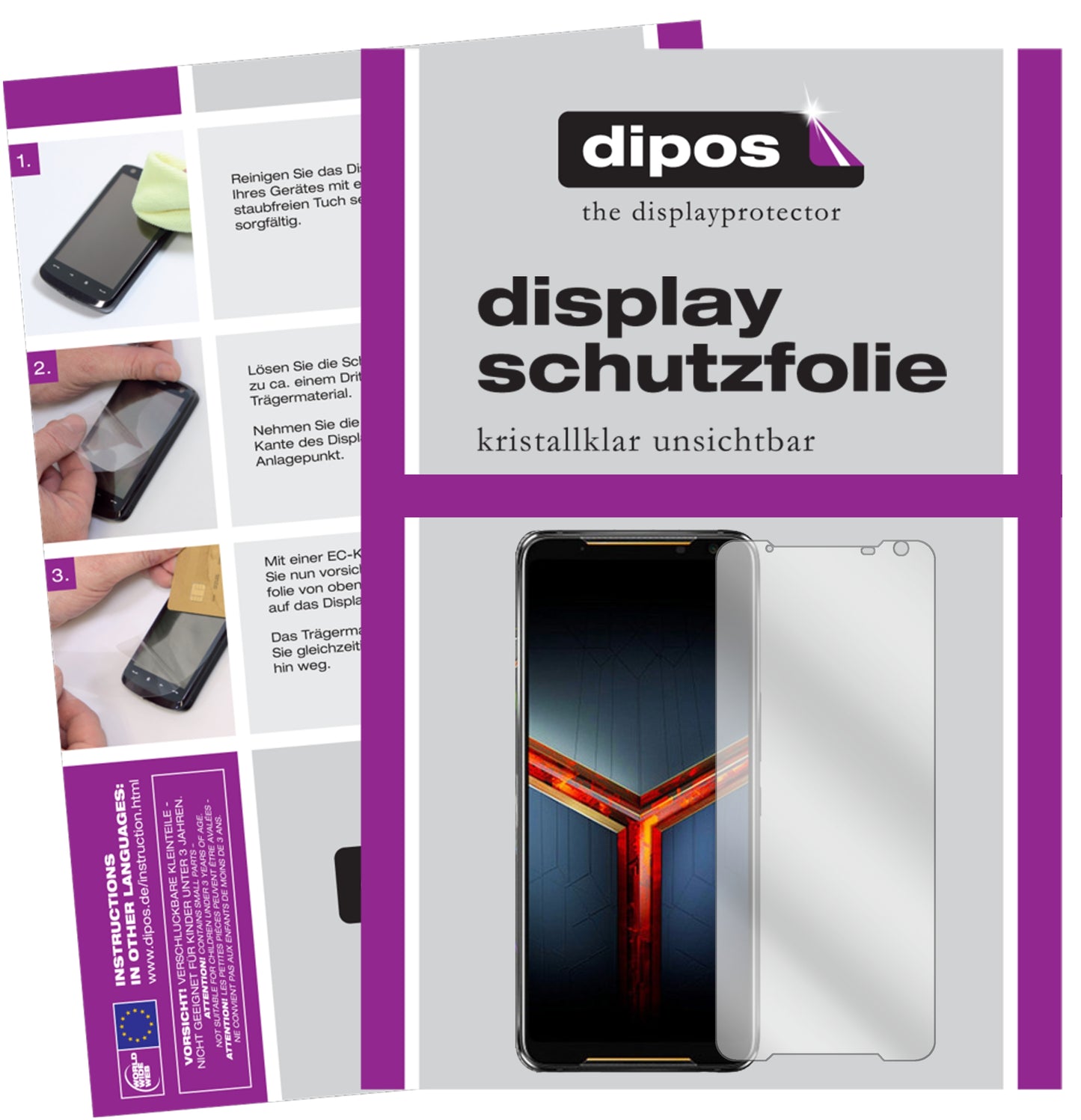 Klare Displayschutzfolie von dipos passend für Asus ROG Phone 2, präziser Zuschnitt und blasenfrei montiert