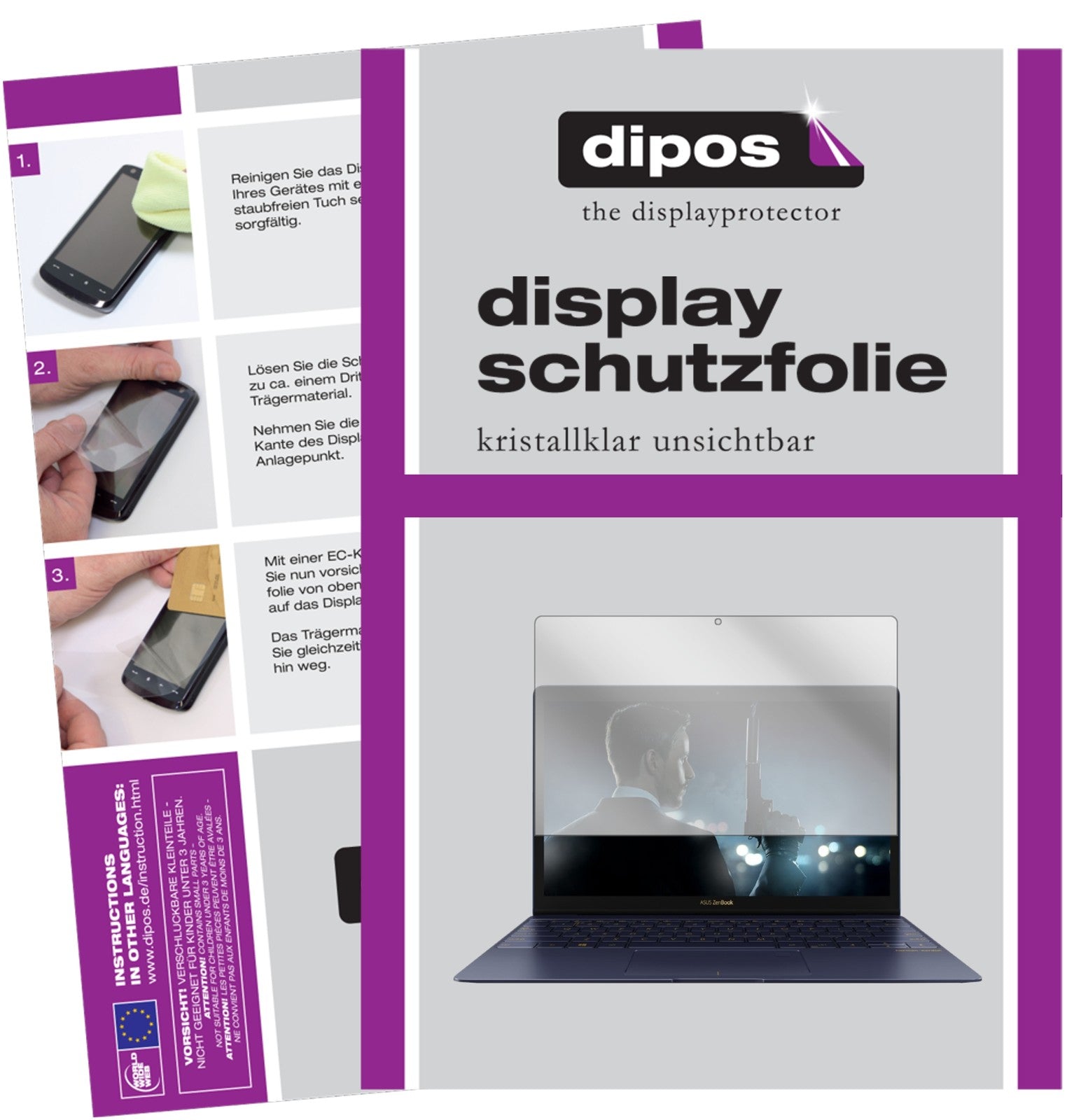 Klare Displayschutzfolie von dipos passend für Asus Zenbook 3, präziser Zuschnitt und blasenfrei montiert