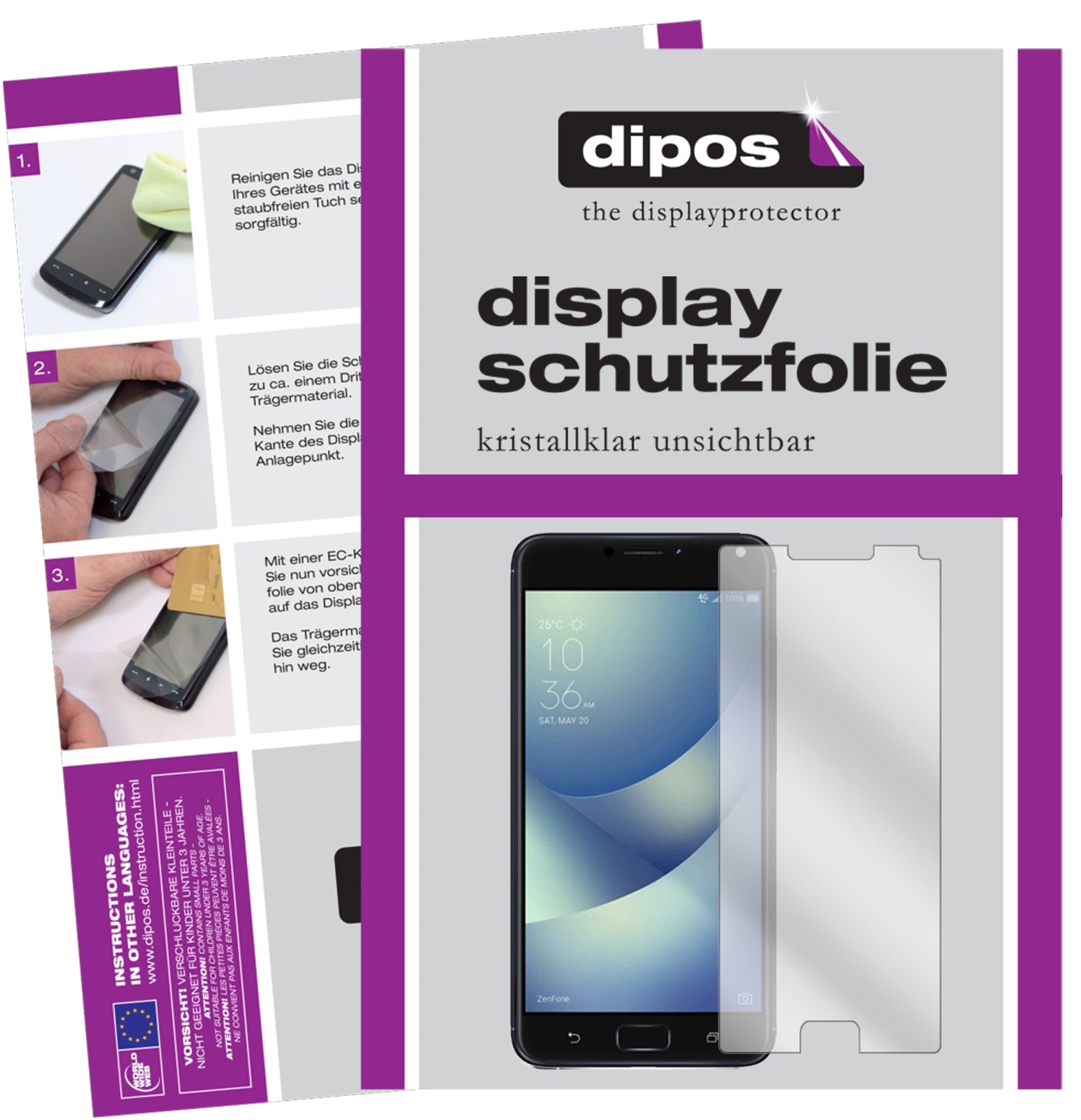 Klare Displayschutzfolie von dipos passend für Asus Zenfone 4 Max 5,2 Zoll ZC520KL, präziser Zuschnitt und blasenfrei montiert