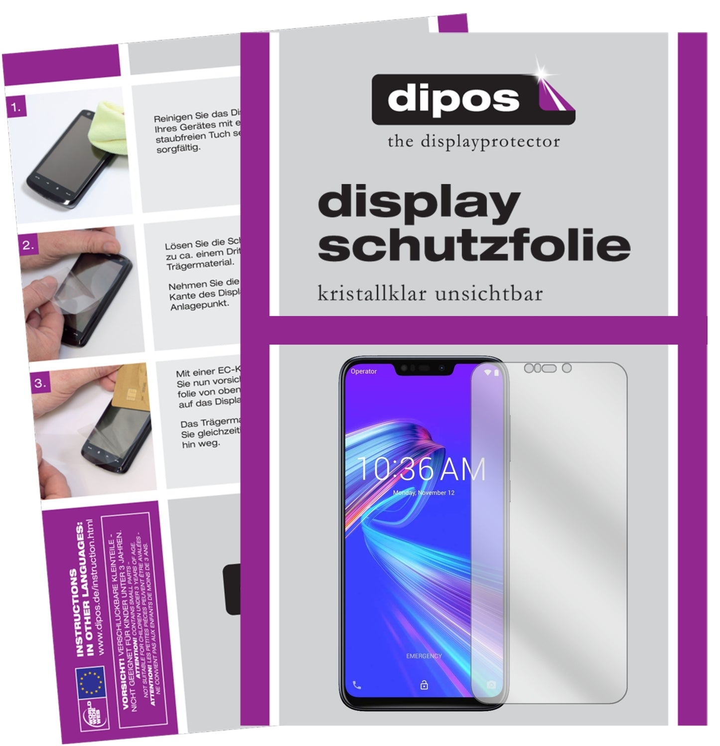 Klare Displayschutzfolie von dipos passend für Asus ZenFone Max (M2), präziser Zuschnitt und blasenfrei montiert