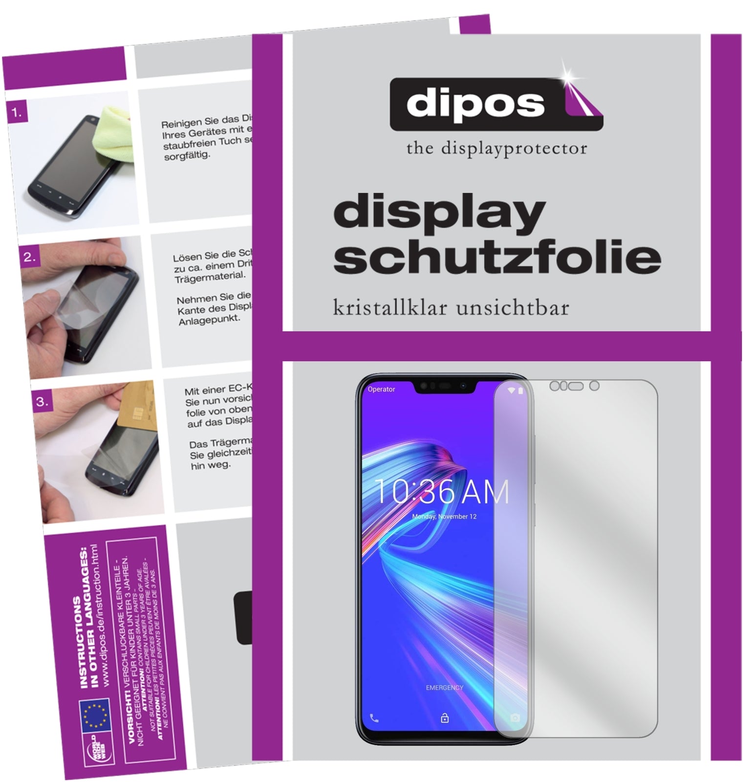 Klare Displayschutzfolie von dipos passend für Asus ZenFone Max (M2), präziser Zuschnitt und blasenfrei montiert