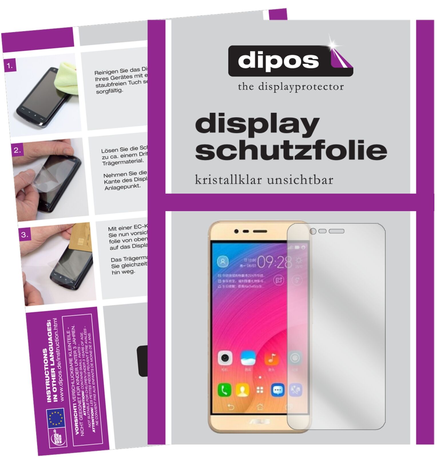 Klare Displayschutzfolie von dipos passend für Asus ZenFone Pegasus 3s, präziser Zuschnitt und blasenfrei montiert