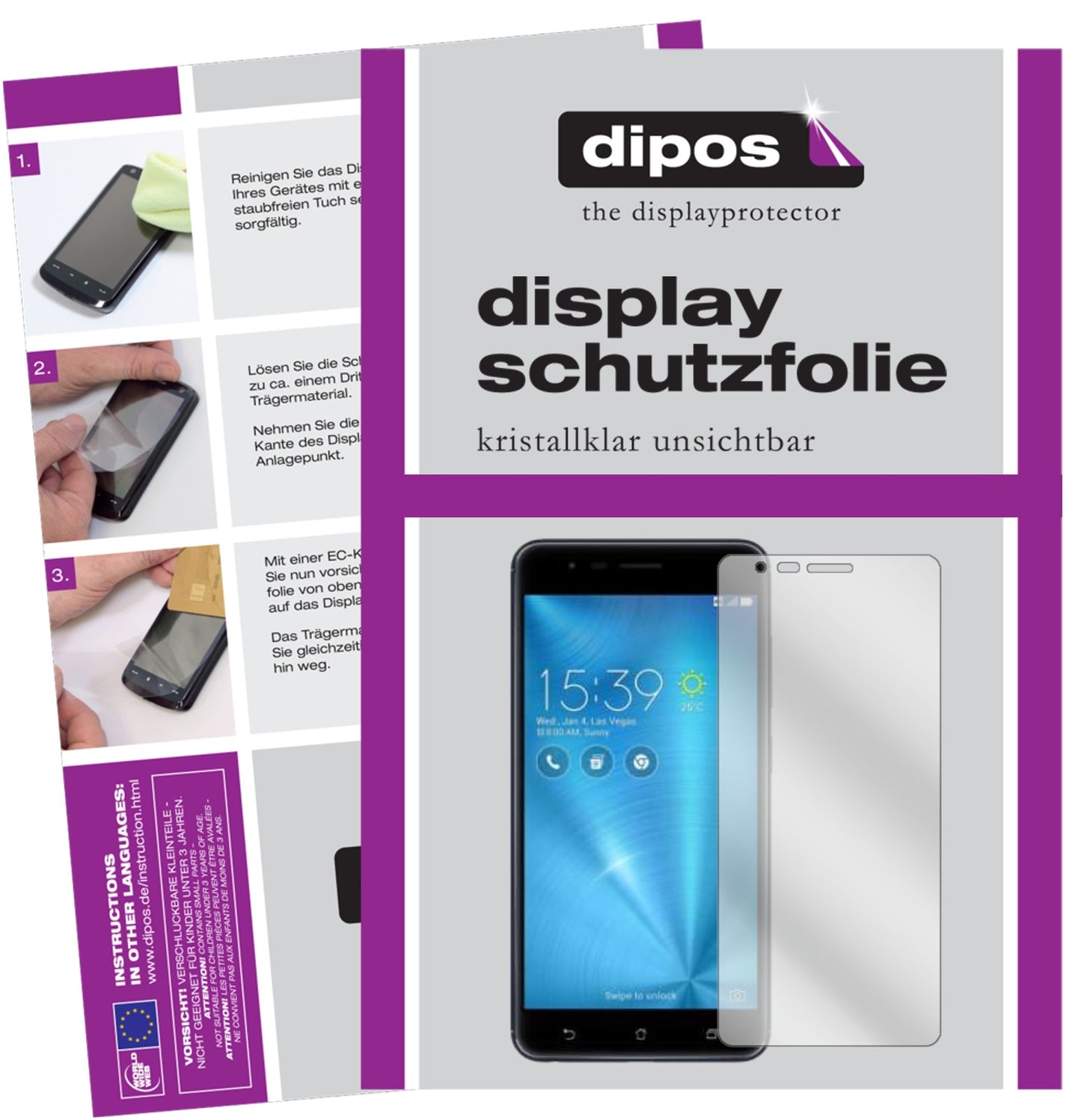 Klare Displayschutzfolie von dipos passend für Asus ZenFone Zoom S, präziser Zuschnitt und blasenfrei montiert