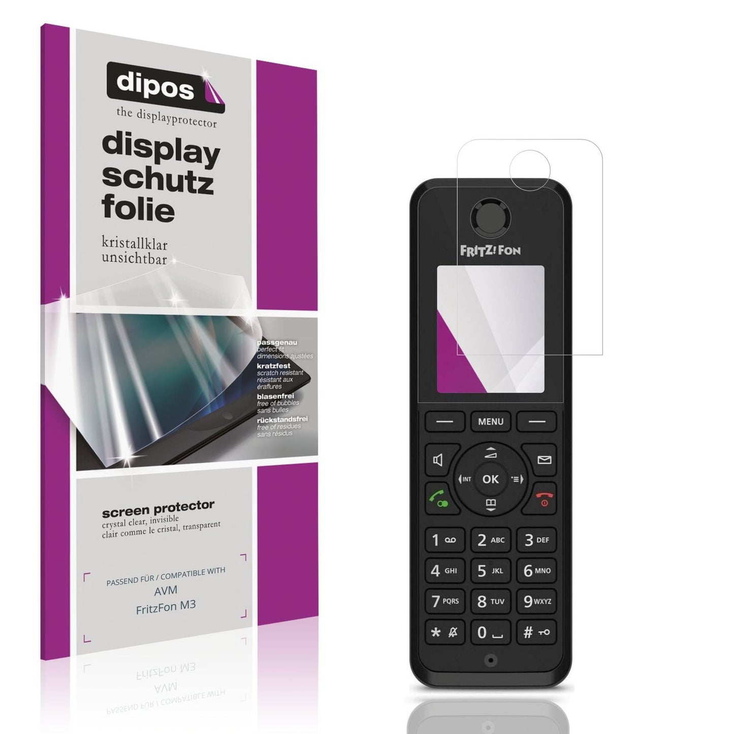 Klare Displayschutzfolie von dipos passend für AVM FritzFon M3, präziser Zuschnitt und blasenfrei montiert