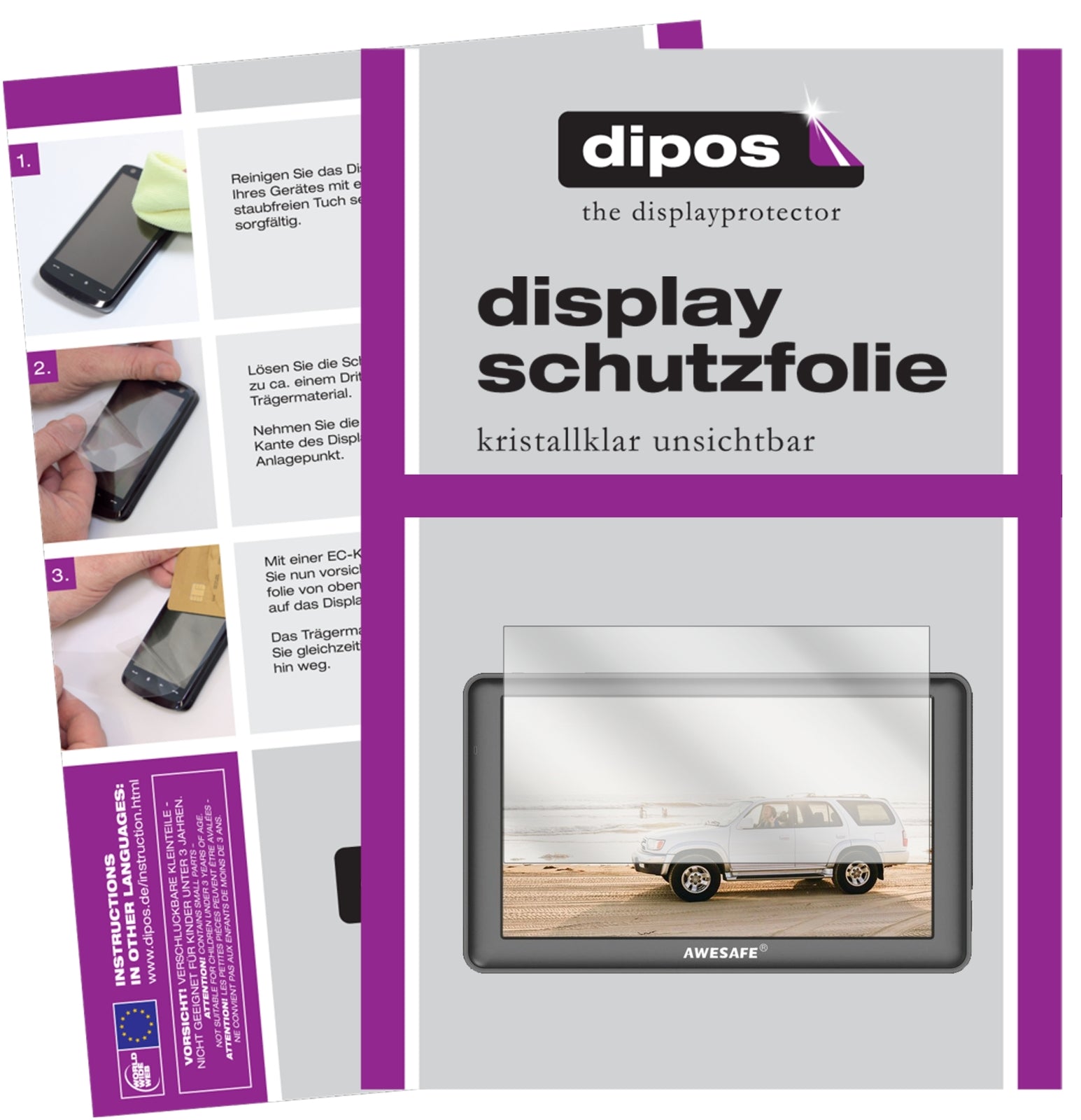 Klare Displayschutzfolie von dipos passend für AWESAFE GPS Navi 7 Zoll, präziser Zuschnitt und blasenfrei montiert