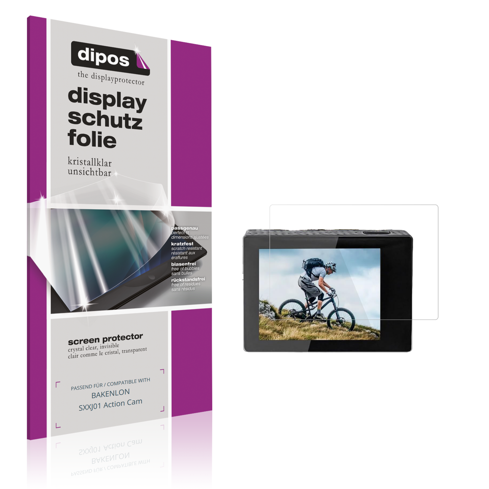 Klare Displayschutzfolie von dipos passend für BAKENLON SXXJ01 Action Cam, präziser Zuschnitt und blasenfrei montiert