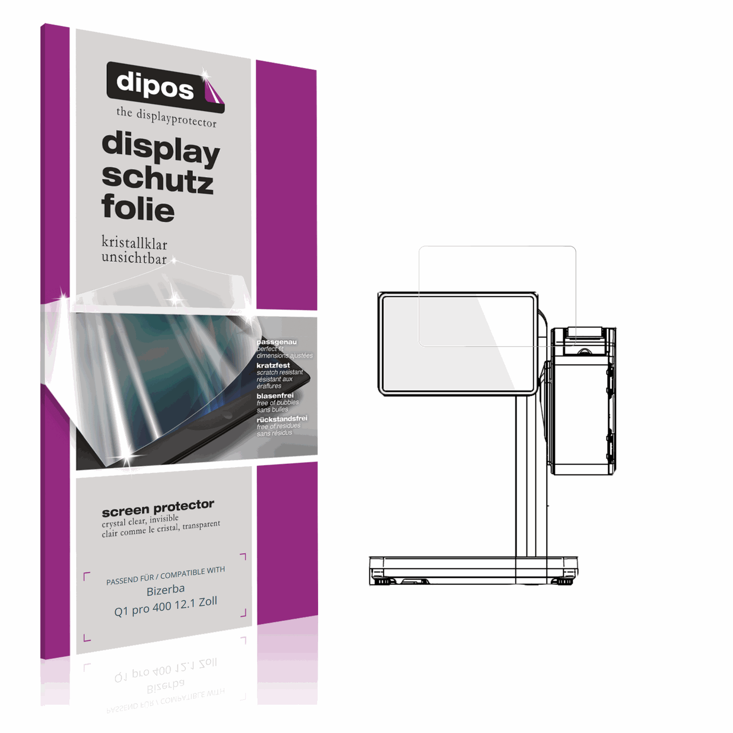 Klare Displayschutzfolie von dipos passend für Bizerba Q1 pro 400 12.1 Zoll, präziser Zuschnitt und blasenfrei montiert