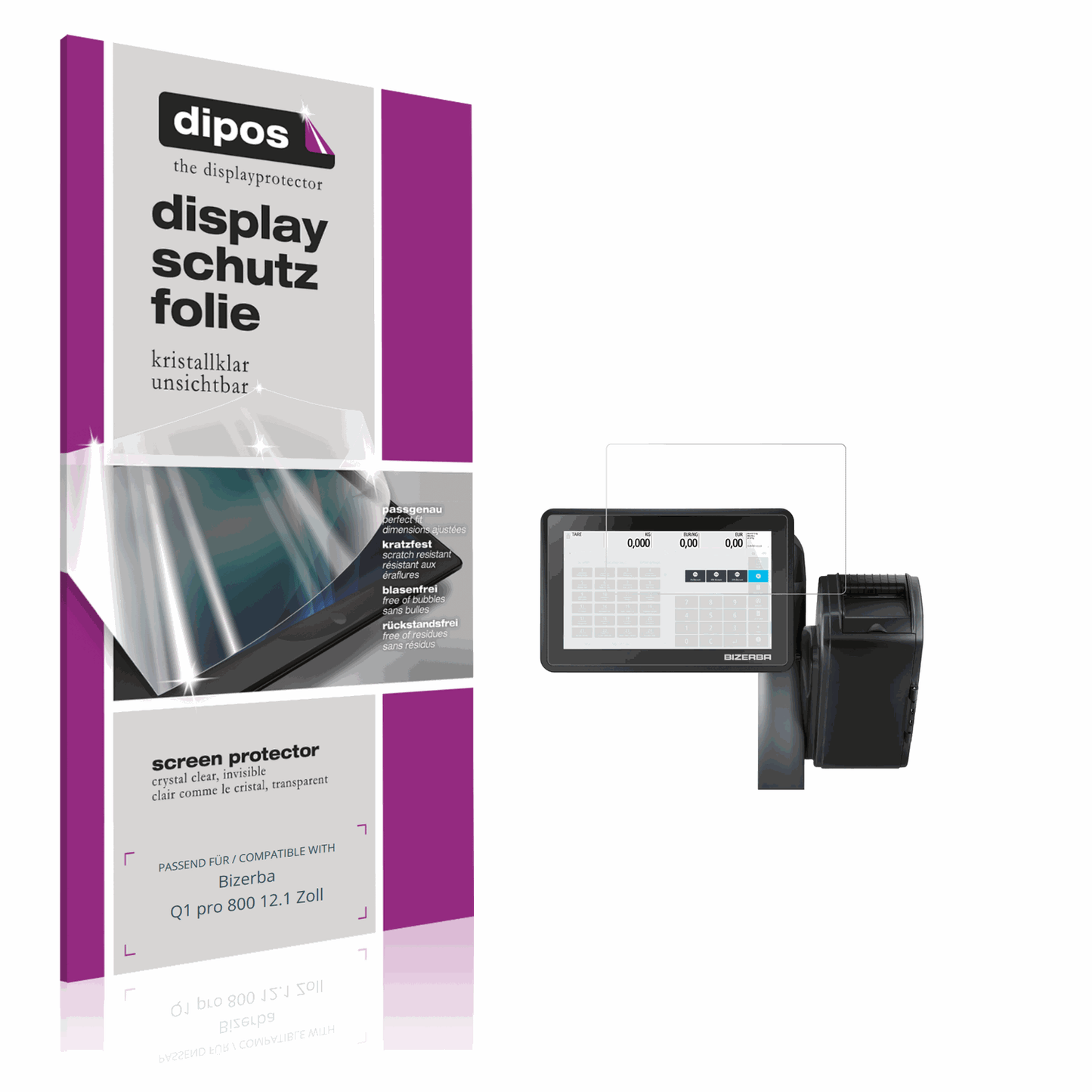 Klare Displayschutzfolie von dipos passend für Bizerba Q1 pro 800 12.1 Zoll, präziser Zuschnitt und blasenfrei montiert