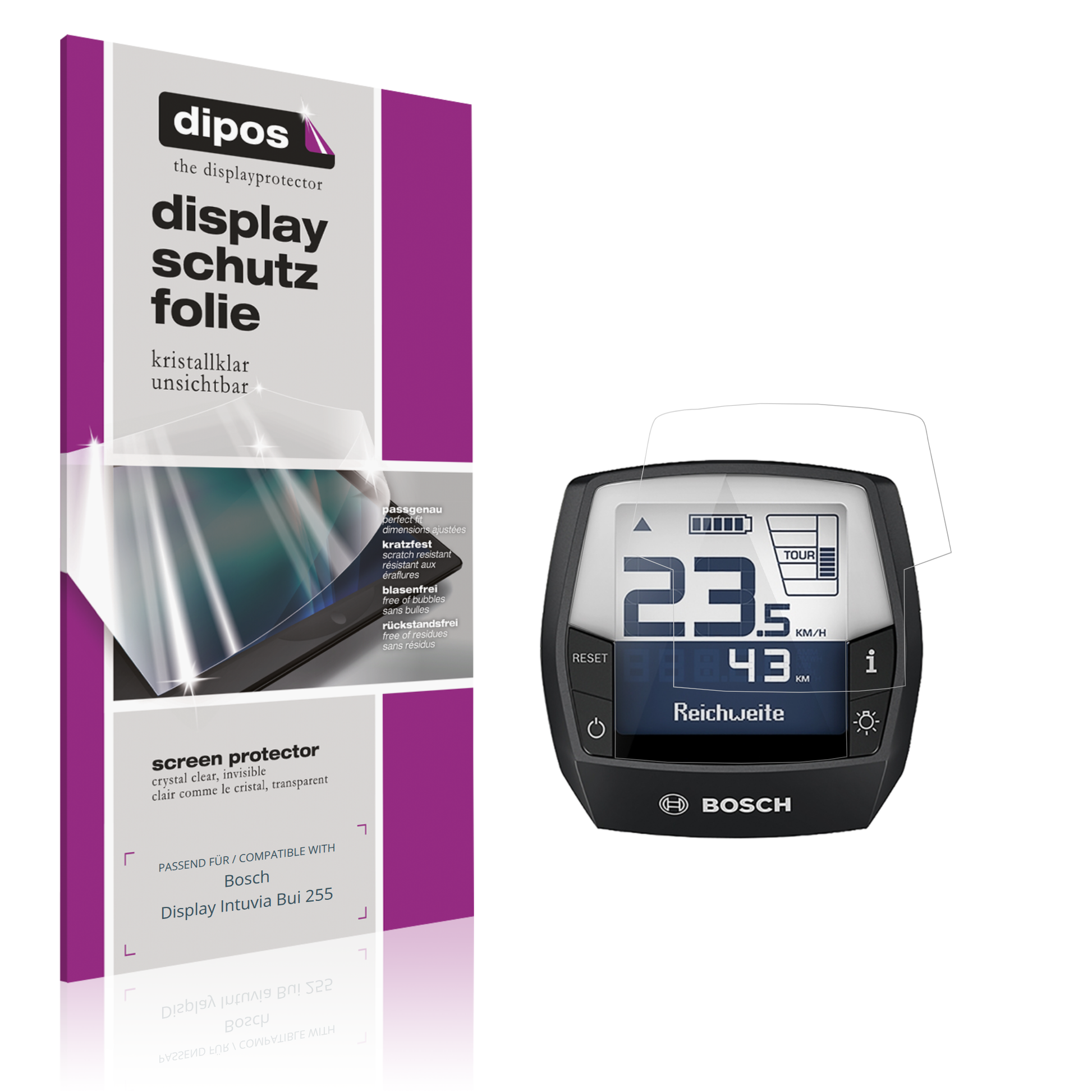Klare Displayschutzfolie von dipos passend für Bosch Display Intuvia Bui 255, präziser Zuschnitt und blasenfrei montiert