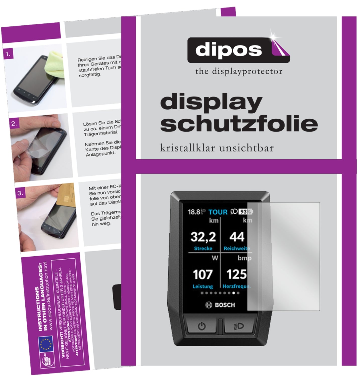 Klare Displayschutzfolie von dipos passend für Bosch Kiox e-Bike Display, präziser Zuschnitt und blasenfrei montiert