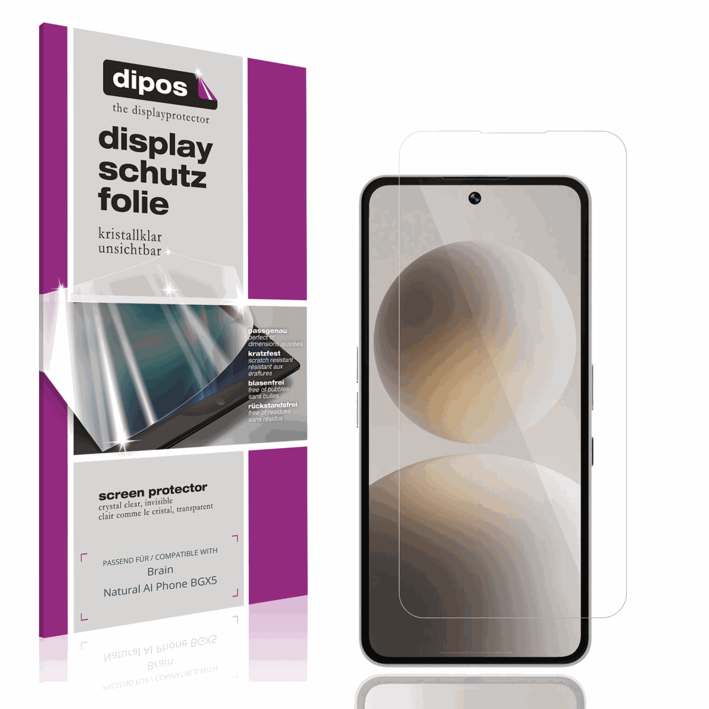 Klare Displayschutzfolie von dipos passend für Brain Natural AI Phone BGX5, präziser Zuschnitt und blasenfrei montiert