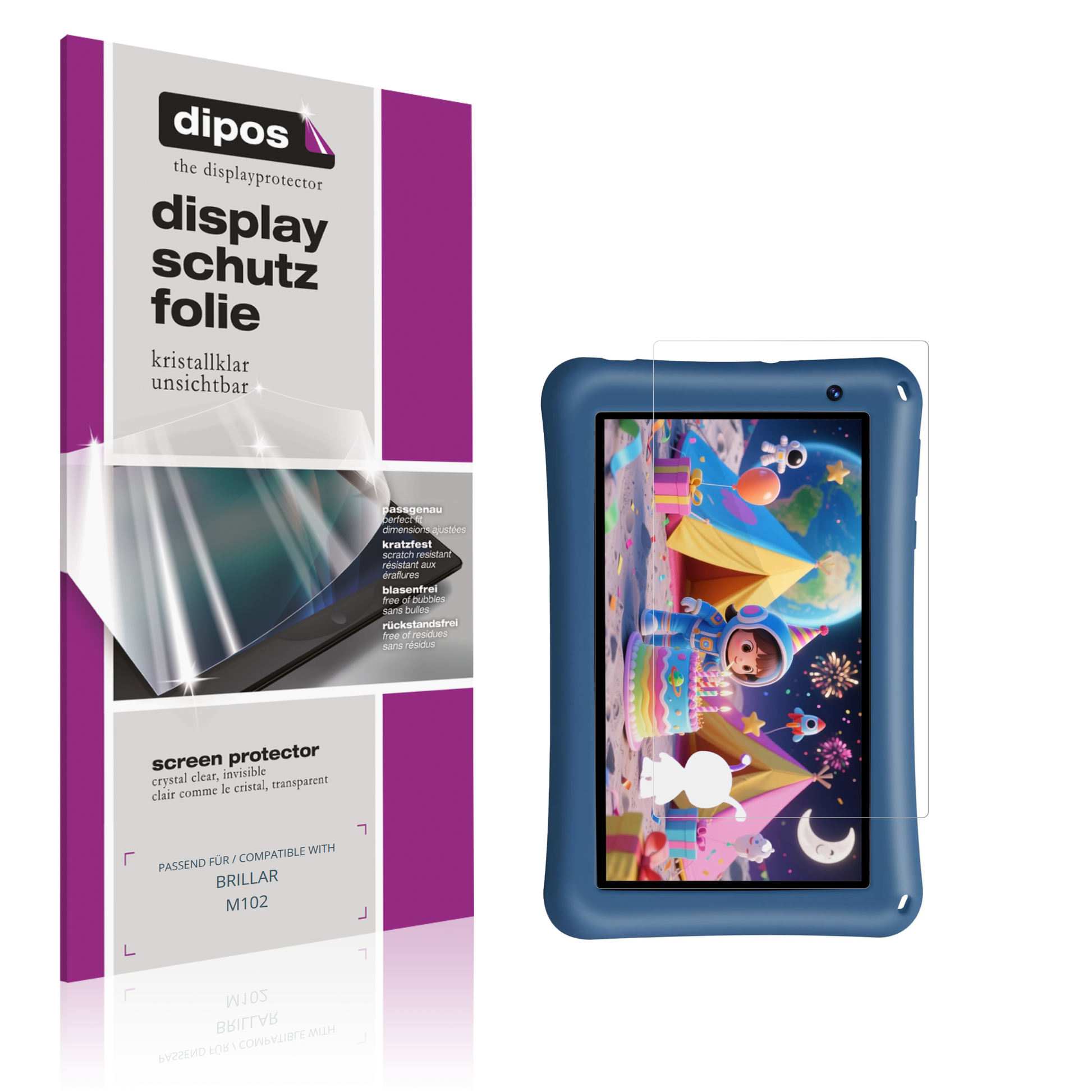 Klare Displayschutzfolie von dipos passend für BRILLAR M102, präziser Zuschnitt und blasenfrei montiert