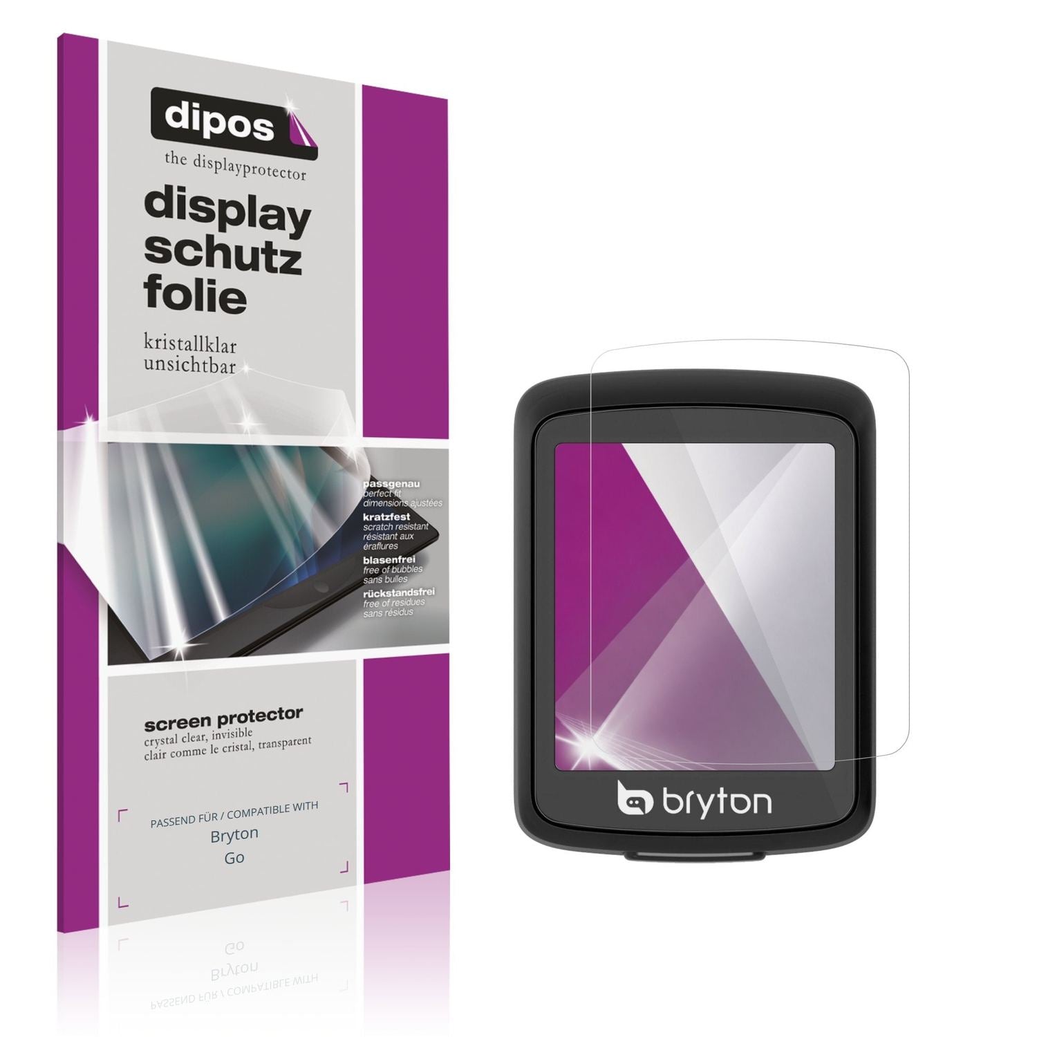 Klare Displayschutzfolie von dipos passend für Bryton Go, präziser Zuschnitt und blasenfrei montiert